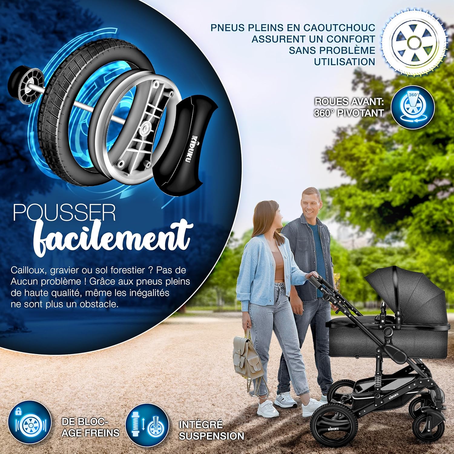 KIDUKU® Poussette Combinée 3 en 1 | Trio pour Enfants | Siége Auto Légère, Piable | Nacelle Souple Convertible | Set de Voyage (Noir/Champagne)