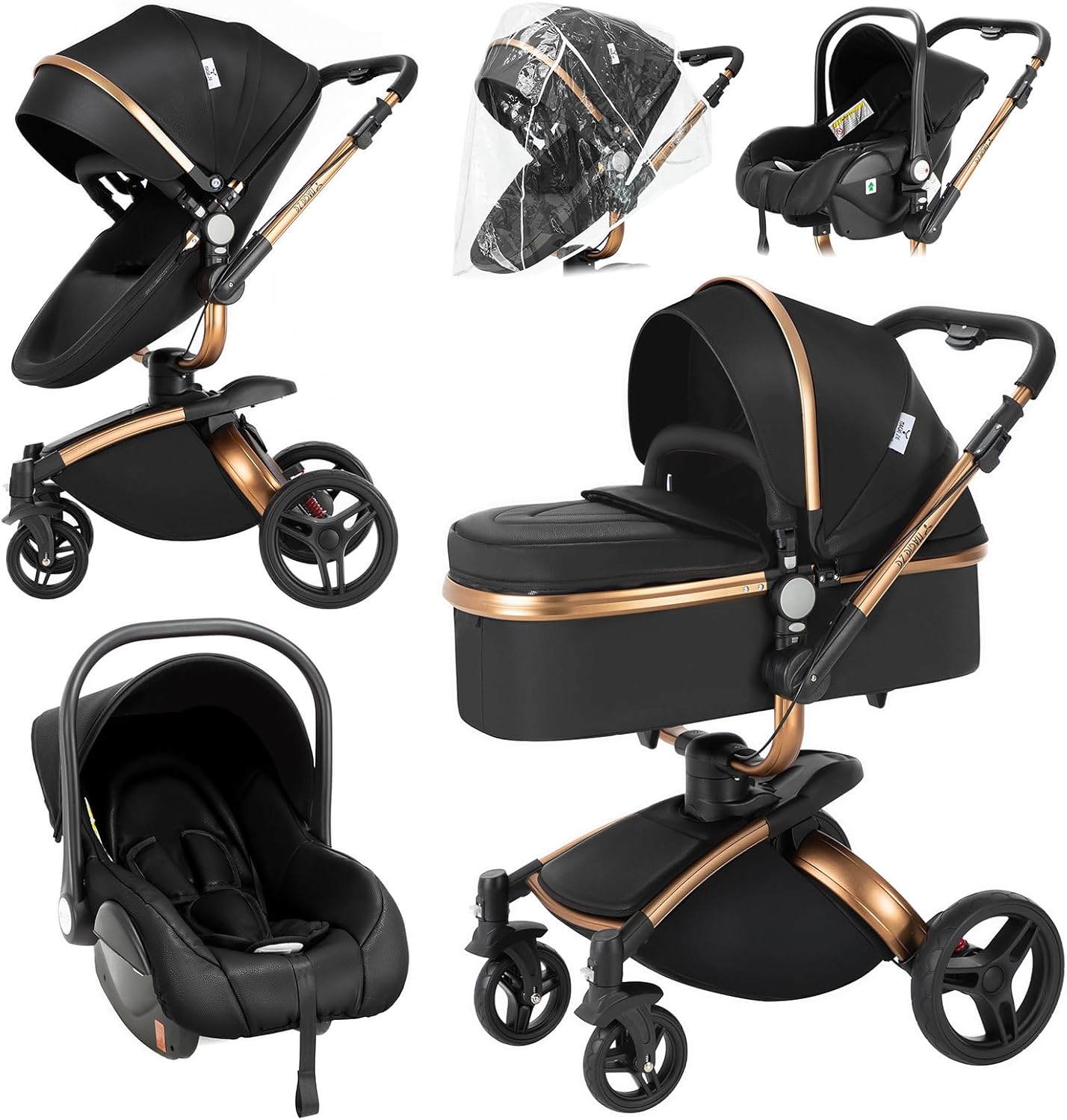 Magic ZC Poussette 3 en 1, Poussette Bebe avec Conception Portable Pliable en Un Clic, Pousette 3 en 1 avec Poussée Réversible Bidirectionnelle, Poussette Trio avec Accessoires (black gold 588)