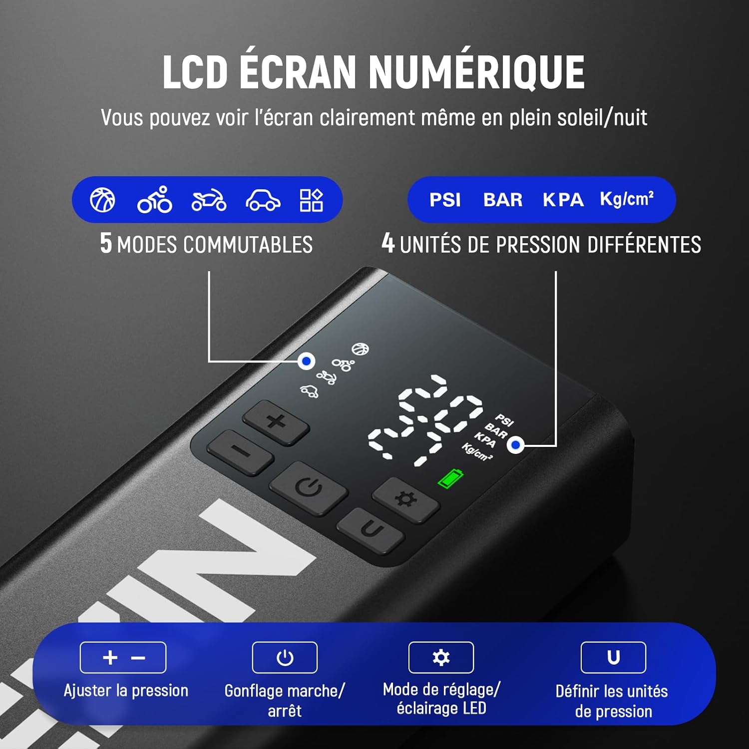 LEXIN P5 Compresseur d'Air Portatif 150PSI, Gonfleur Pneus sans Fil 5000mAh, Gonfleur lectrique l'cran LCD, Puissance Mobile, Pompe de Pneu avec Presta/Schrader pour Moto/Voiture/Vélo/Balle/Scoote