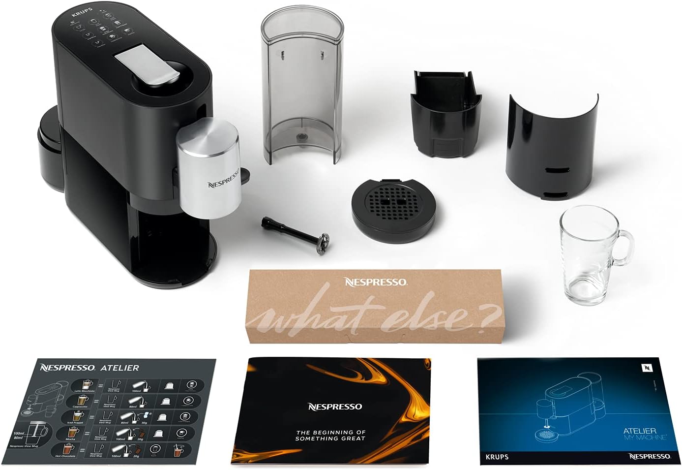 Krups Machine à Café Nespresso Atelier XN8908 - Système de Mousse de Lait - Réservoir d'eau de 1 l - Avec Tasses en Verre Nespresso + Capsules - Pression 19 Bar - Noir/Argenté