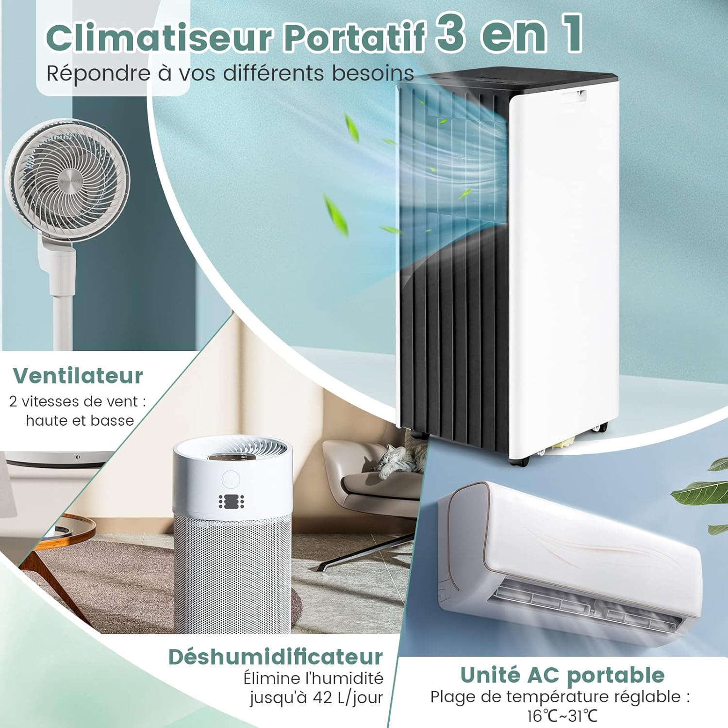 COSTWAY Climatiseur Mobile Silencieux 16000BTU, 5 EN 1,Refroidissement,Chauffage,Ventilateur,Déshumidificateur,Mode Nuit,Climatisation Rapide,Clim Mobile