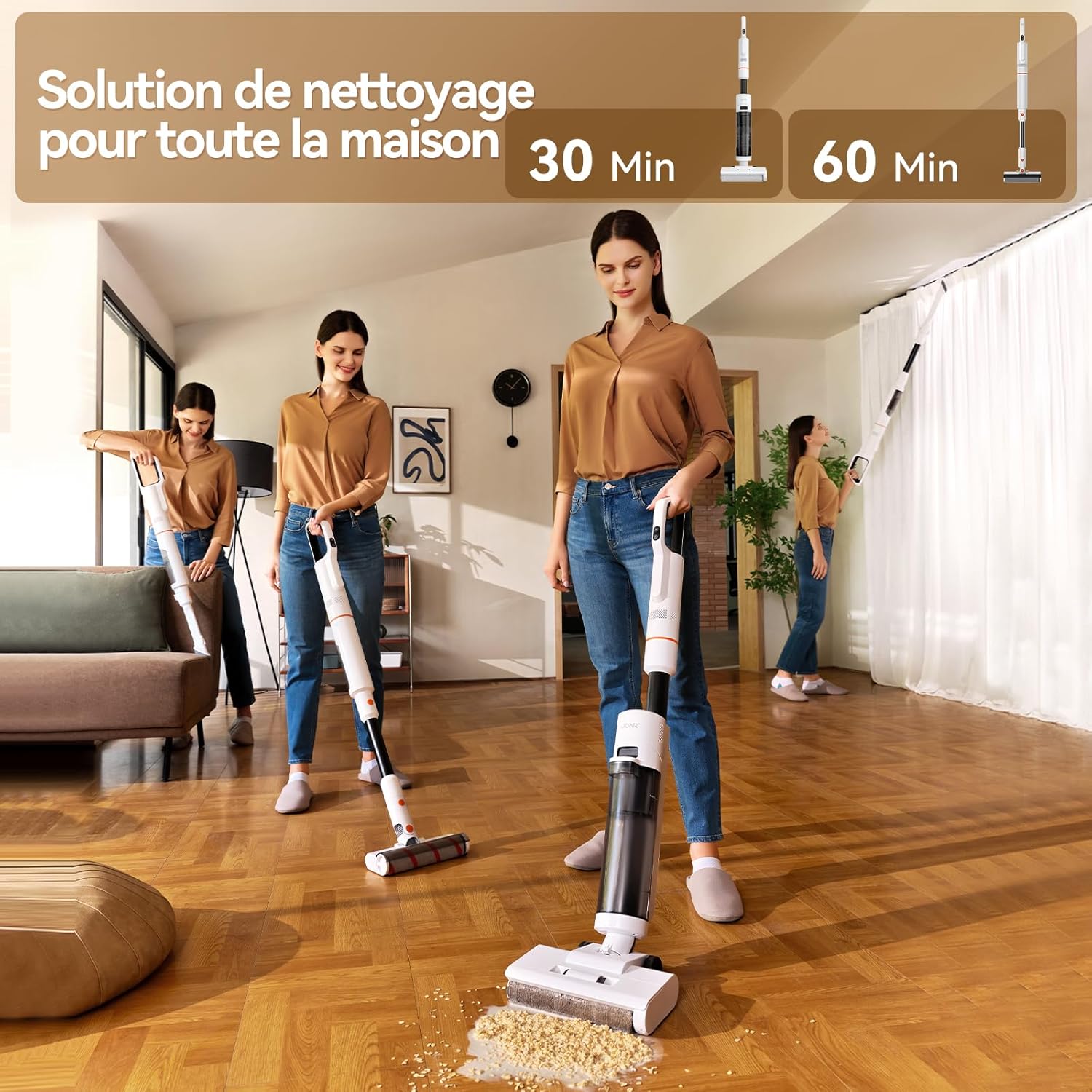 JONR ED12 Aspirateur Eau et Poussière, Aspirateur et Balai à Franges sans Fil 4 en 1, Brosse Rouleau de Nettoyage des Bords, Fonction d’Auto-Nettoyage, pour Sols Durs, Poils d'animaux