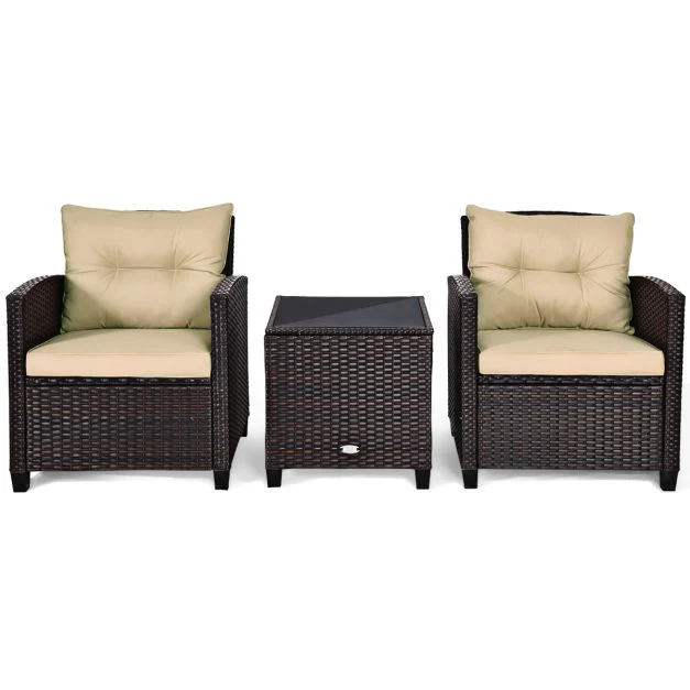 Salon de jardin en rotin pe 3 pièces 2 places avec coussins lavables 1 table en verre trempé marron 20_0009215