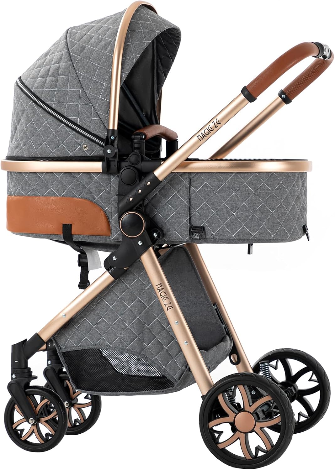 Magic ZC Poussette 3 en 1, Poussette Bebe avec Conception Portable Pliable en Un Clic, Pousette 3 en 1 avec Poussée Réversible Bidirectionnelle, Poussette Trio avec Accessoires (black gold 588)