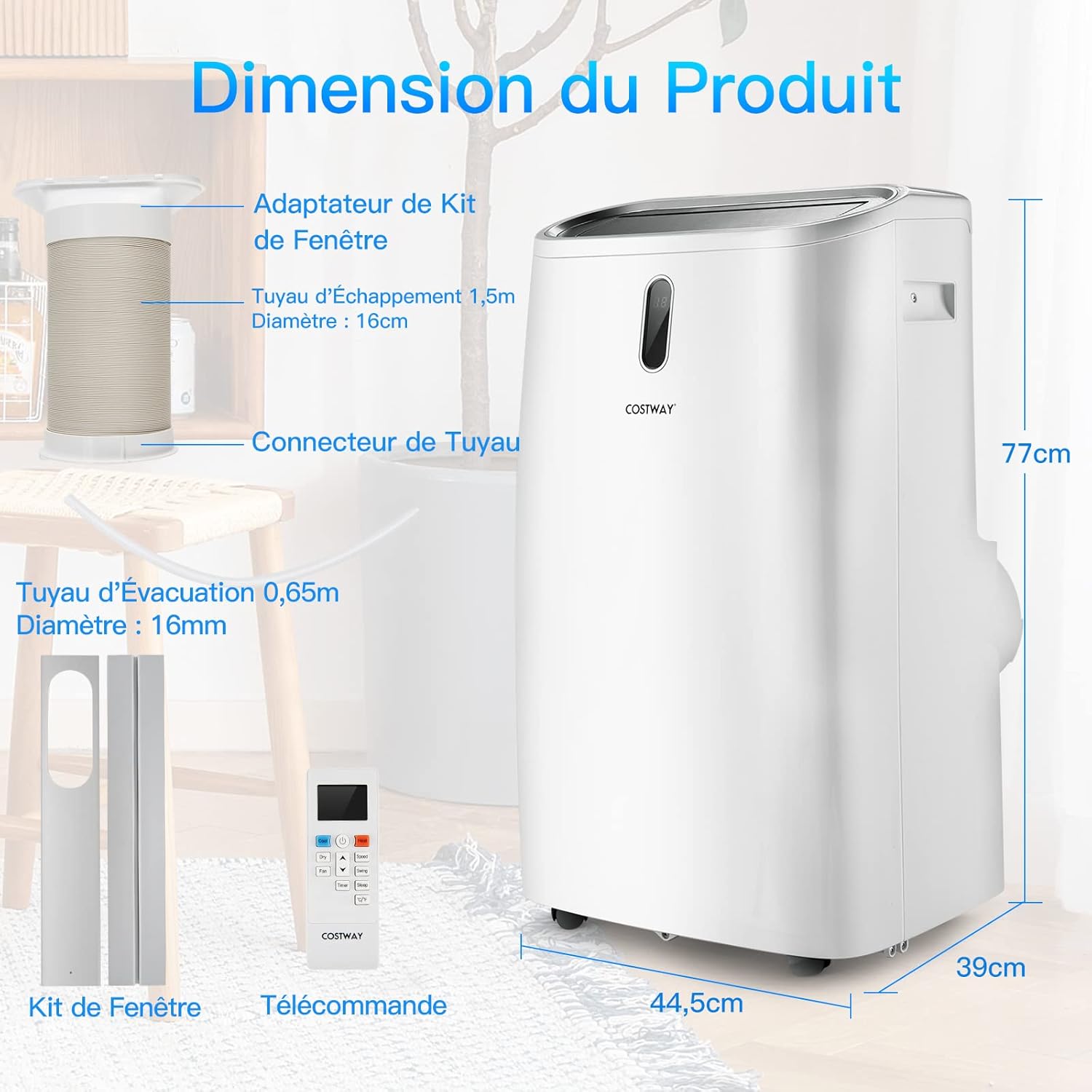 COSTWAY Climatiseur Mobile Silencieux 16000BTU, 5 EN 1,Refroidissement,Chauffage,Ventilateur,Déshumidificateur,Mode Nuit,Climatisation Rapide,Clim Mobile