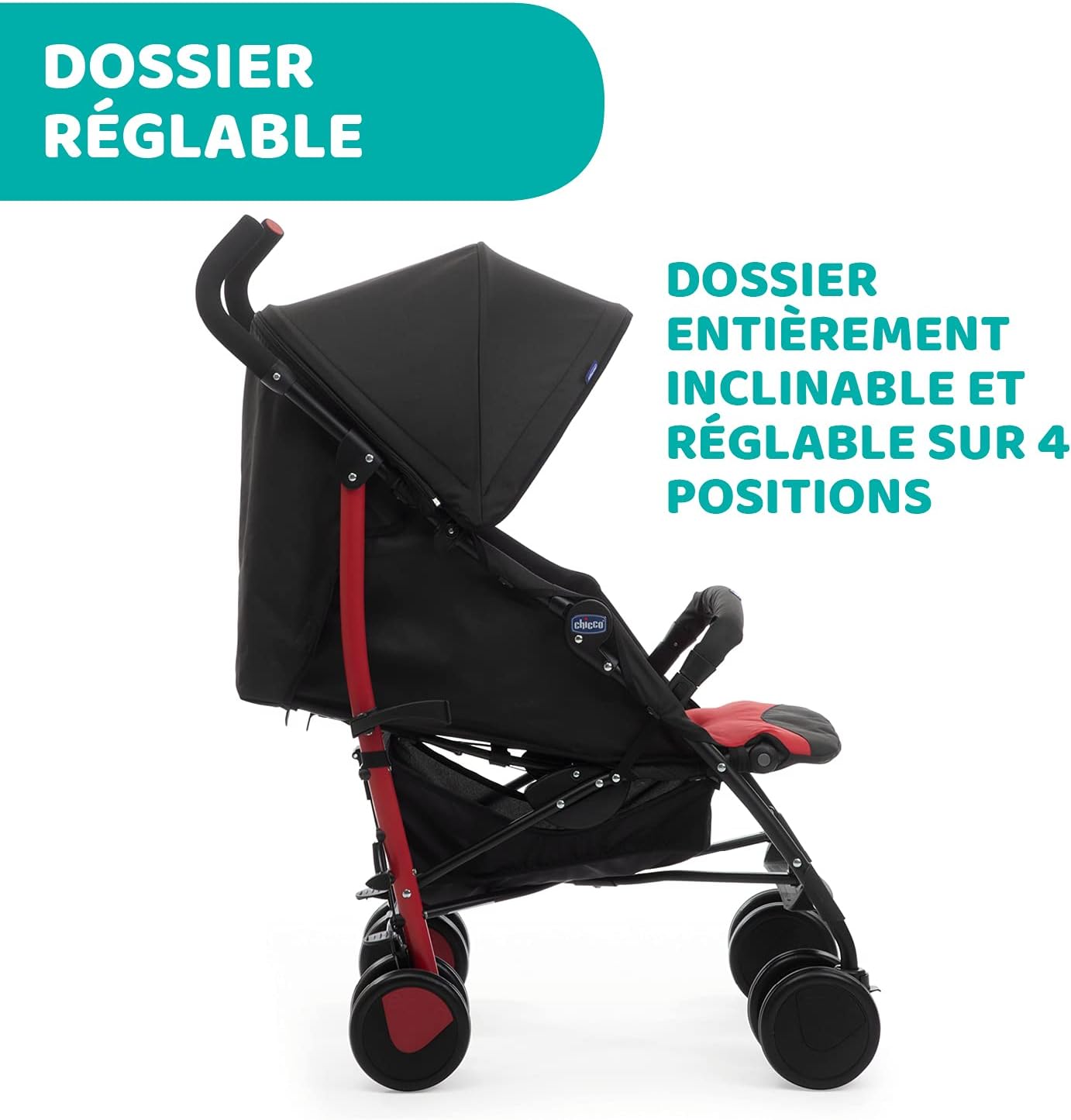Chicco Echo Poussette Légère et Compact, Inclinable avec Arceau de Protection, Position Landau, Pliage Parapluie, Canopy Ajustable - de la Naissance à 22 Kg - Rouge