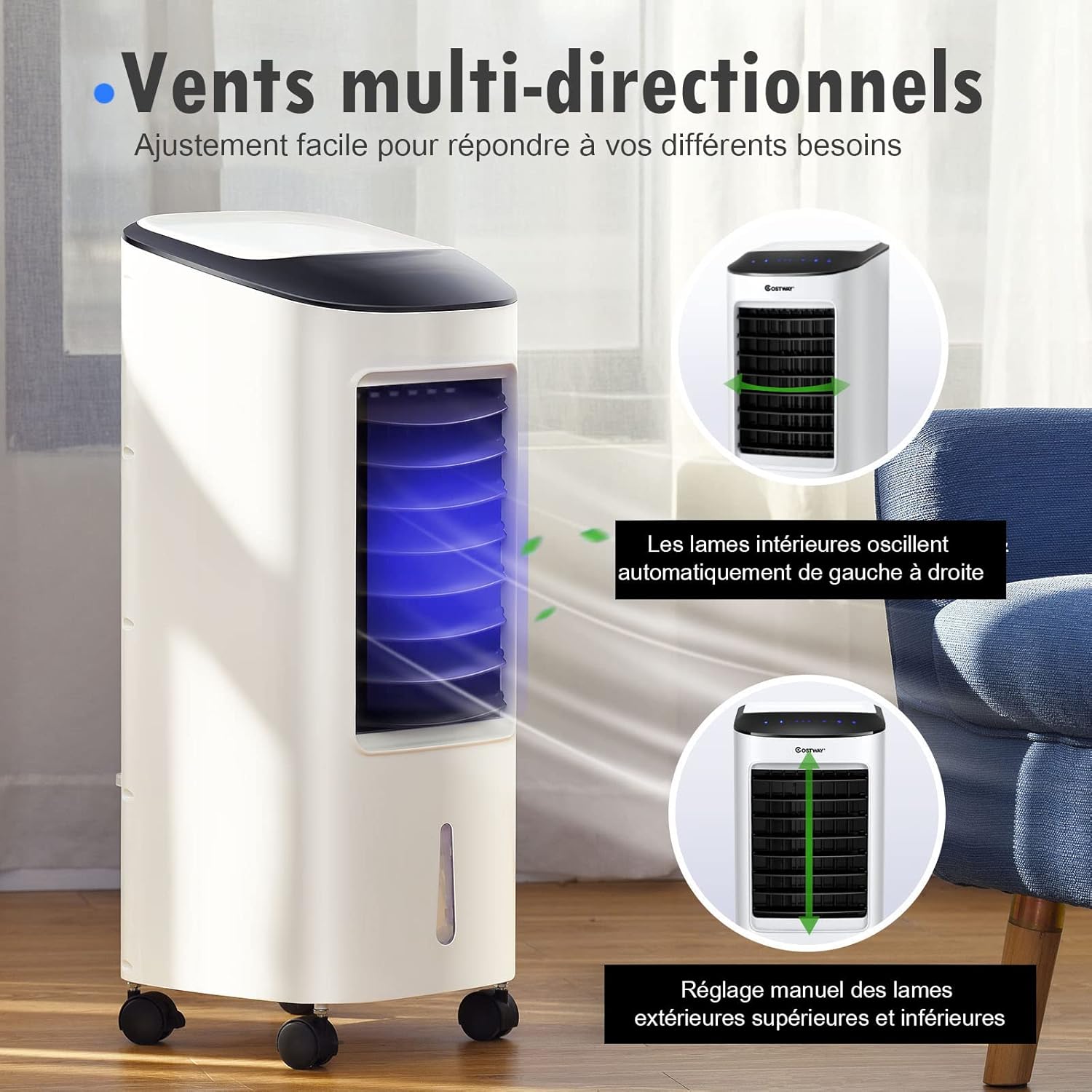 RELAX4LIFE Rafraîchisseur d’Air Mobile avec Humidificateur et Purificateur, 3 Mode de Vitesse, Climatiseur avec Réservoir d'Eau 8L et Filtre Amovible et Lavable pour Chambre, Bureau, Salon