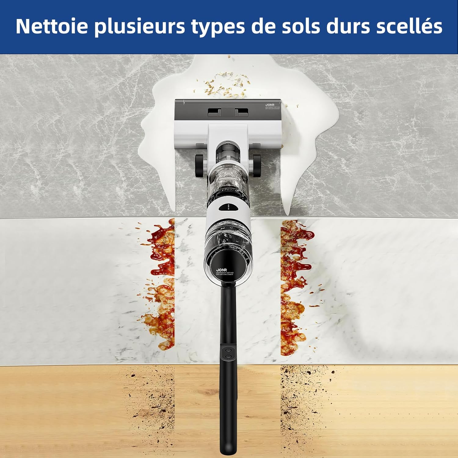JONR ED12 Aspirateur Eau et Poussière, Aspirateur et Balai à Franges sans Fil 4 en 1, Brosse Rouleau de Nettoyage des Bords, Fonction d’Auto-Nettoyage, pour Sols Durs, Poils d'animaux