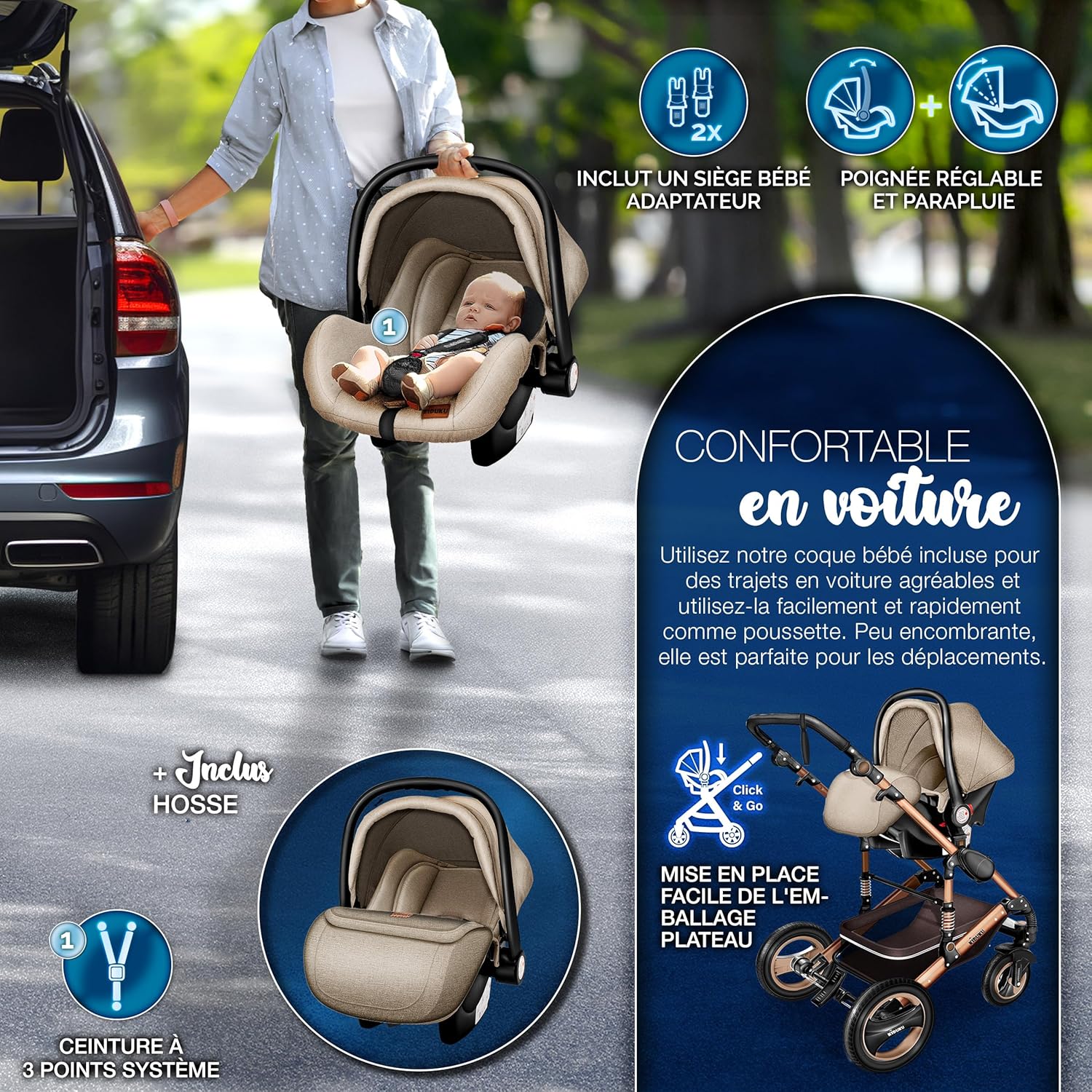 KIDUKU® Poussette Combinée 3 en 1 | Trio pour Enfants | Siége Auto Légère, Piable | Nacelle Souple Convertible | Set de Voyage (Noir/Champagne)