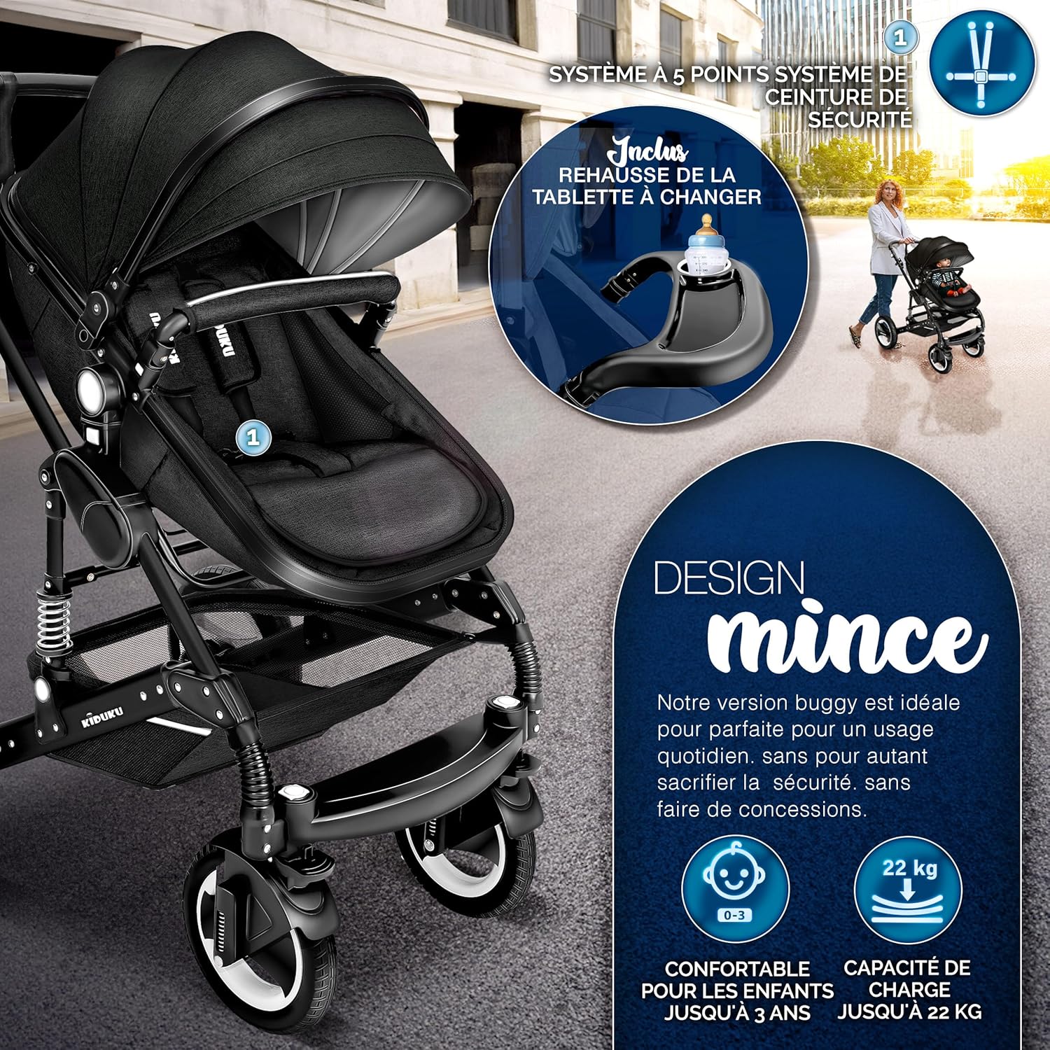 KIDUKU® Poussette Combinée 3 en 1 | Trio pour Enfants | Siége Auto Légère, Piable | Nacelle Souple Convertible | Set de Voyage (Noir/Champagne)