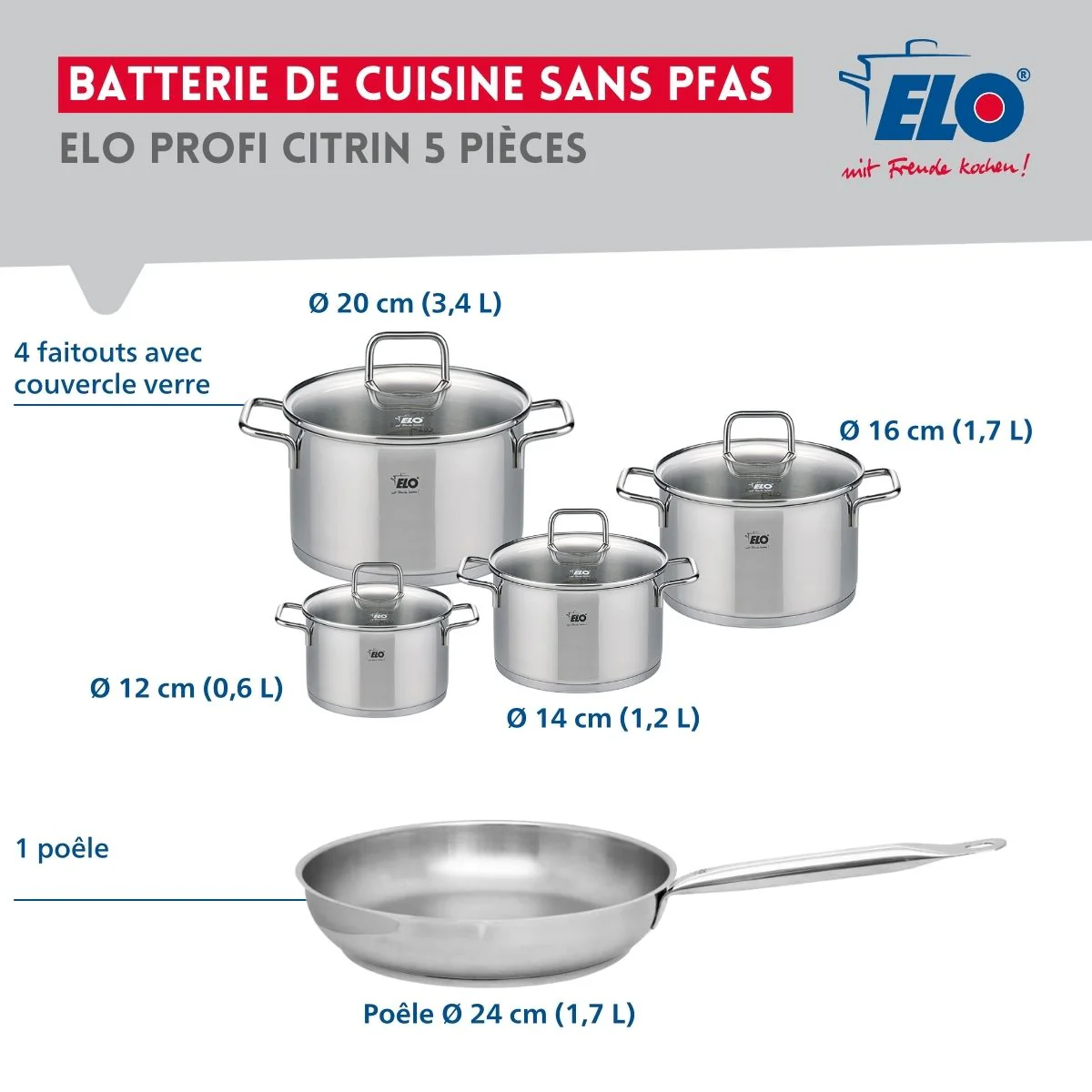 Ensemble de 1 Poêle de cuisson 24 cm et 4 faitouts 12, 14, 16 et 20 cm Elo Profi Citrin Elo
