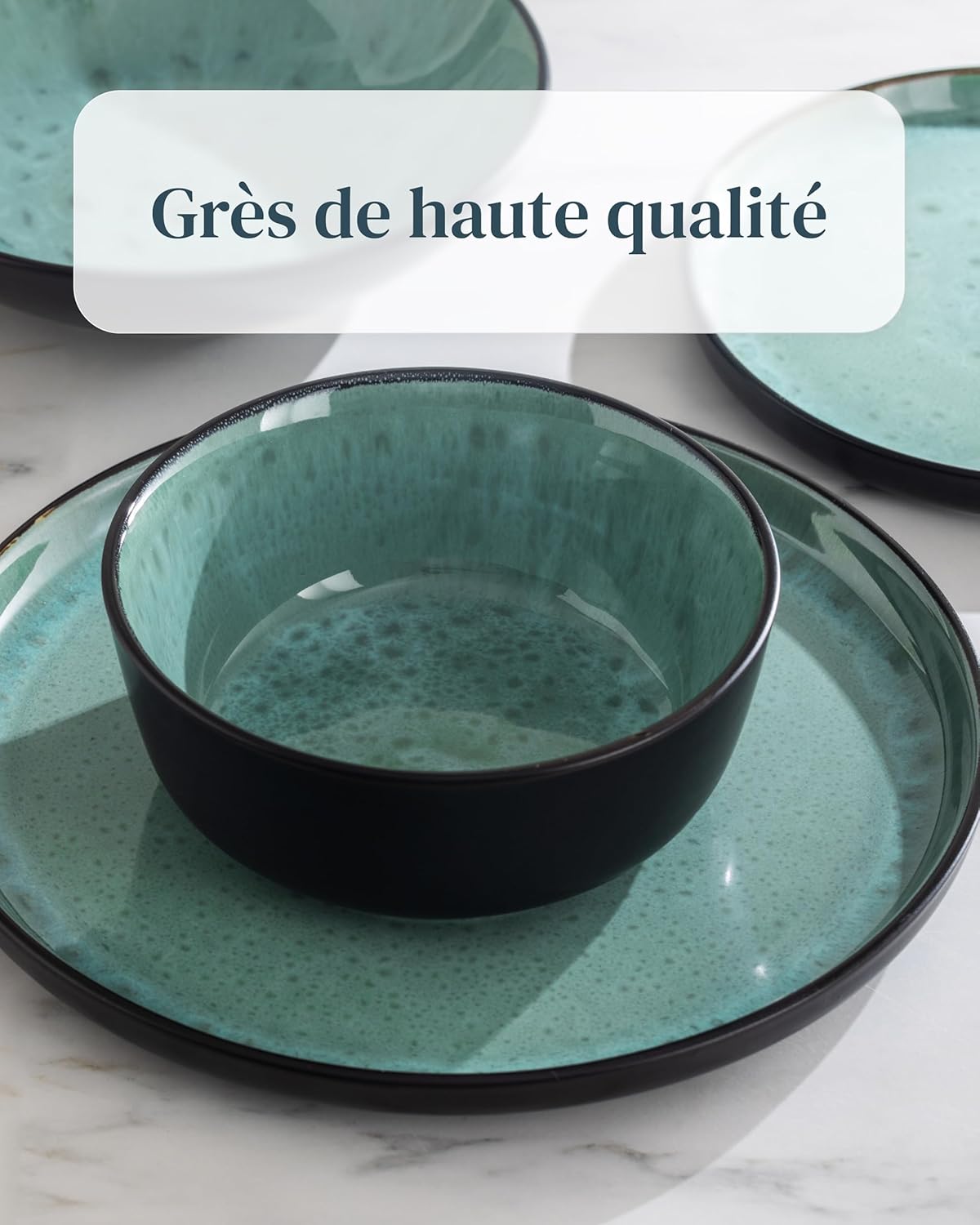 Service de Vaisselle en Grès Ibiza 36 pièces –Ensemble de Vaisselle pour 12 Personnes, Adapté au Lave-Vaisselle et au Micro-Ondes, Pure Living bleu fumé, Assiettes Service de Table