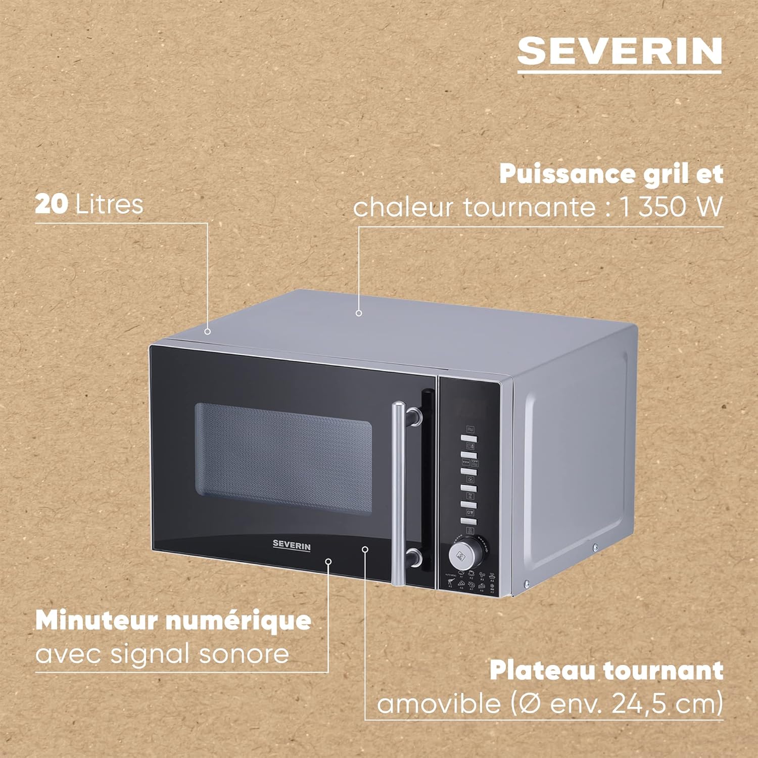 SEVERIN Four à micro-ondes 30 L, 2 500 W, avec fonction gril et chaleur tournante, avec 5 niveaux de puissance, 10 programmes automatiques, Inox/Noir, MW 7775
