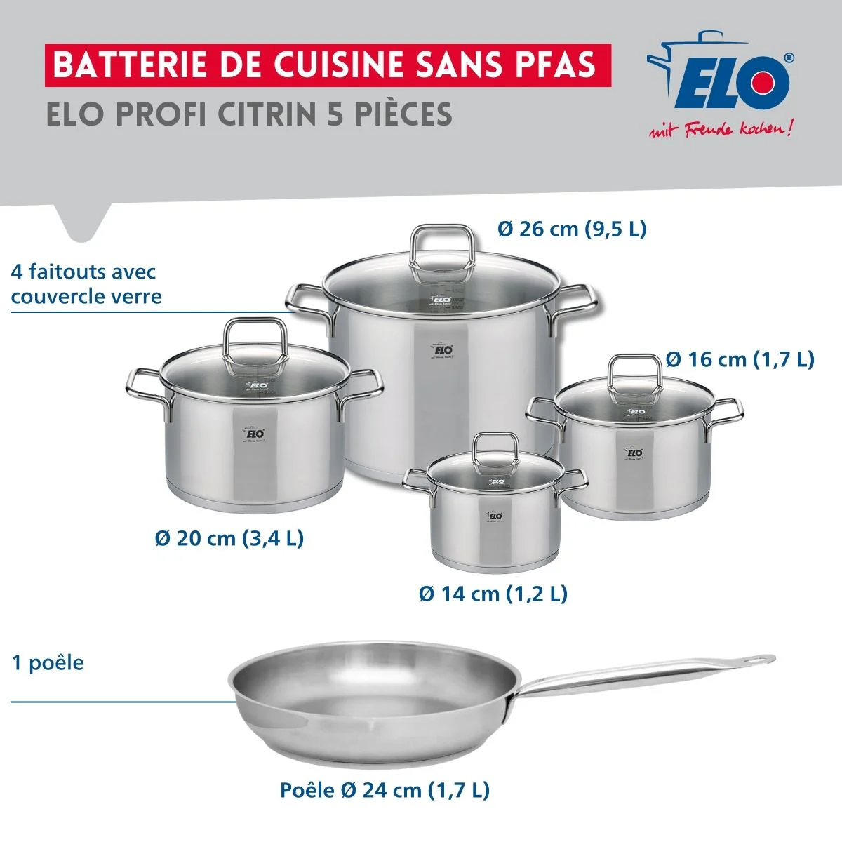 Ensemble de 1 Poêle de cuisson 24 cm et 4 faitouts 14, 16, 20 et 26 cm Elo Profi Citrin Elo