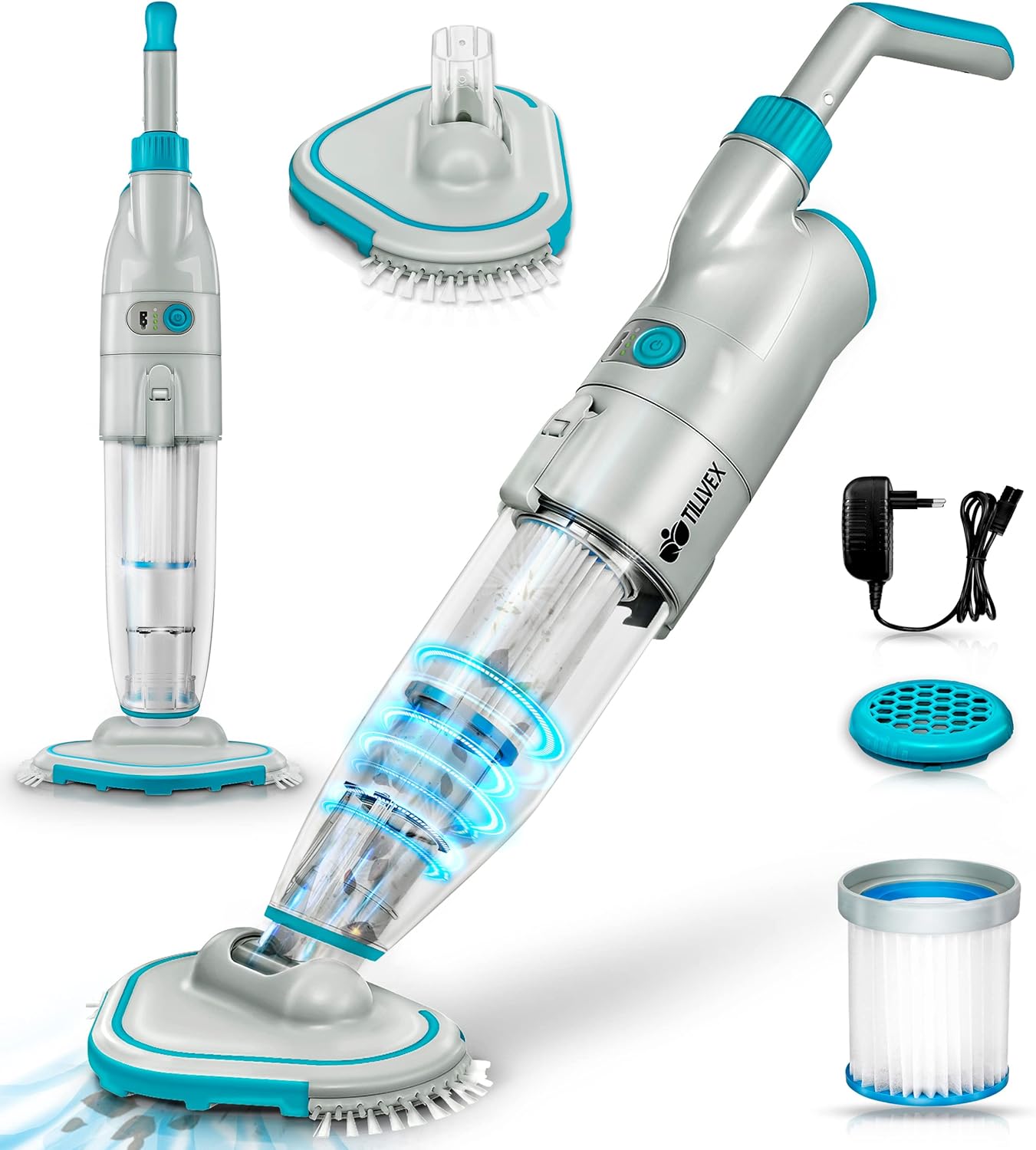 tillvex Aspirateur Électrique pour Piscines | Nettoyeur de Piscine sans Fil avec Manche Télescopique | Kit de Nettoyage avec Filtre & 2 Vitesses | Rechargeable