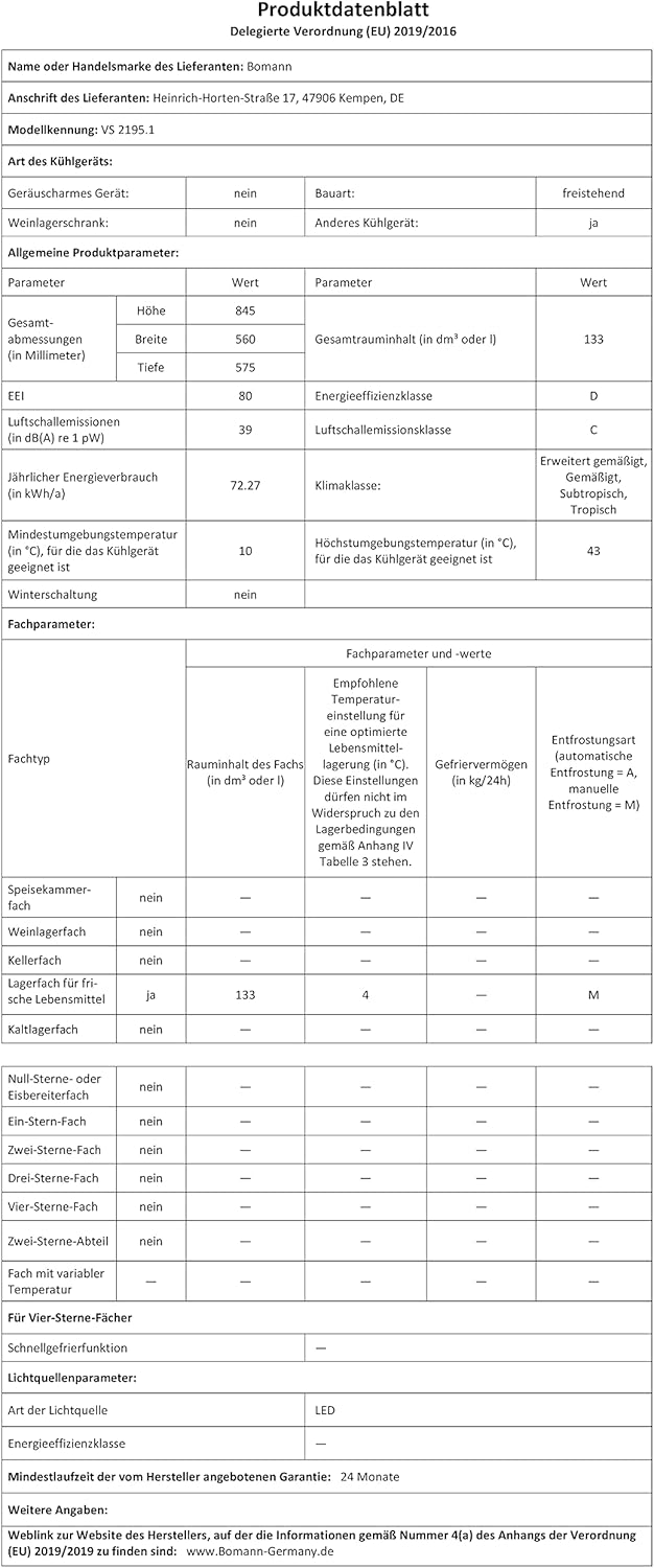 Bomann Réfrigérateur 133L blanc VS2195-1-blanc, Capacité nette : 133 litres, Éclairage intérieur à DEL, Contrôle de la température en continu, 3 clayettes en verre