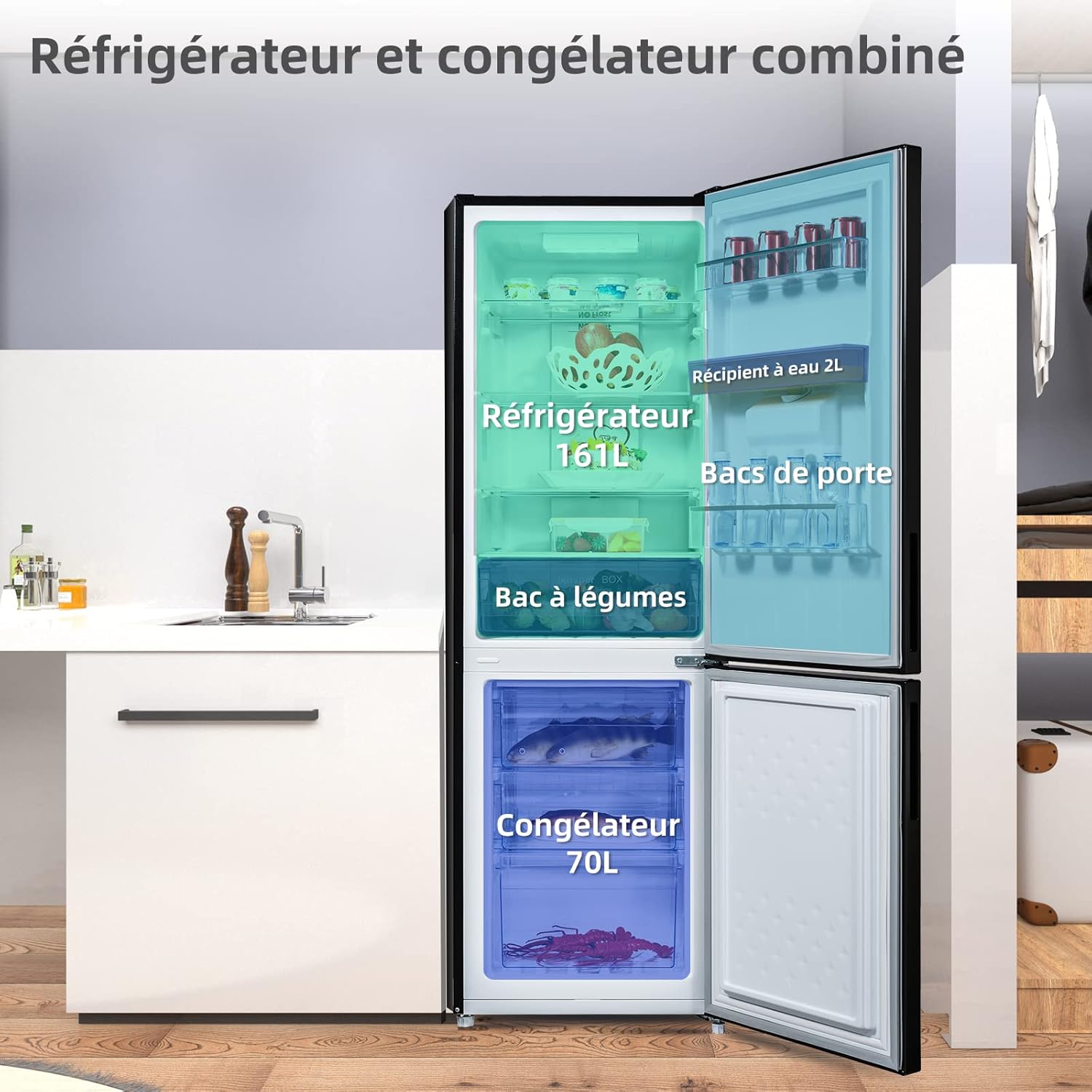 CHIQ Réfrigérateur autoportant 317L à Inverter, 322 l, sans givre, flux d'air multiple, congélation rapide, électronique tactile, compresseur avec garantie de 12 ans, efficacité améliorée, noir