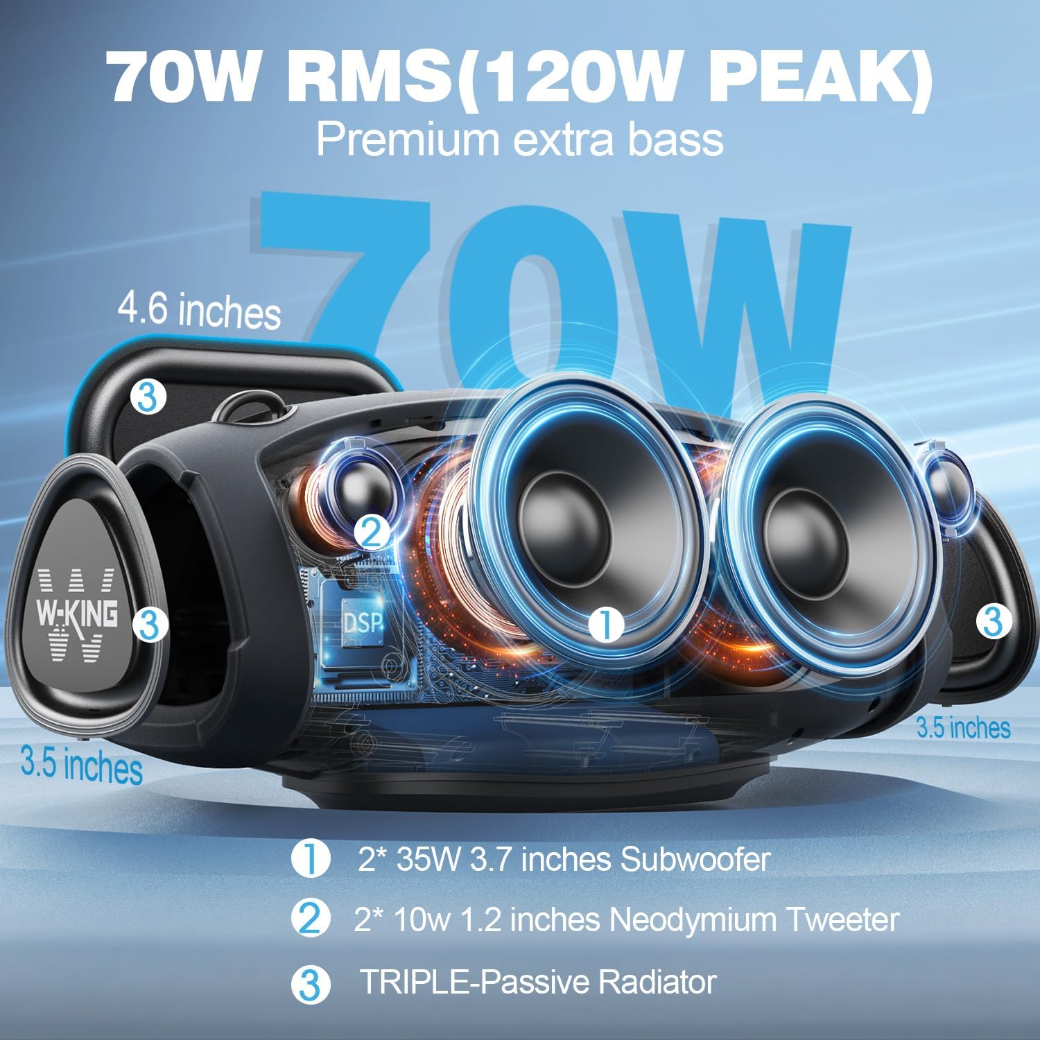 W-KING (120W Max)70W Enceinte Bluetooth Puissante, IPX6 Haut-Parleur Chantier Extérieur étanche Bluetooth Speaker,Triple Radiateurs Passifs- Basses Profondes, Power Bank/DSP/EQ/TF/AUX/42H/Ouvreur(X10)