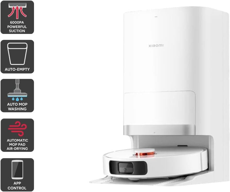 Xiaomi Robot Vacuum X20+ Aspirateur Robot, Station Tout-en-Un (Puissance d'aspiration de 6000 Pa ; 140 Min autonomie ; autonettoyage, vidage, séchage et Remplissage d'eau ; Application/contrôle)