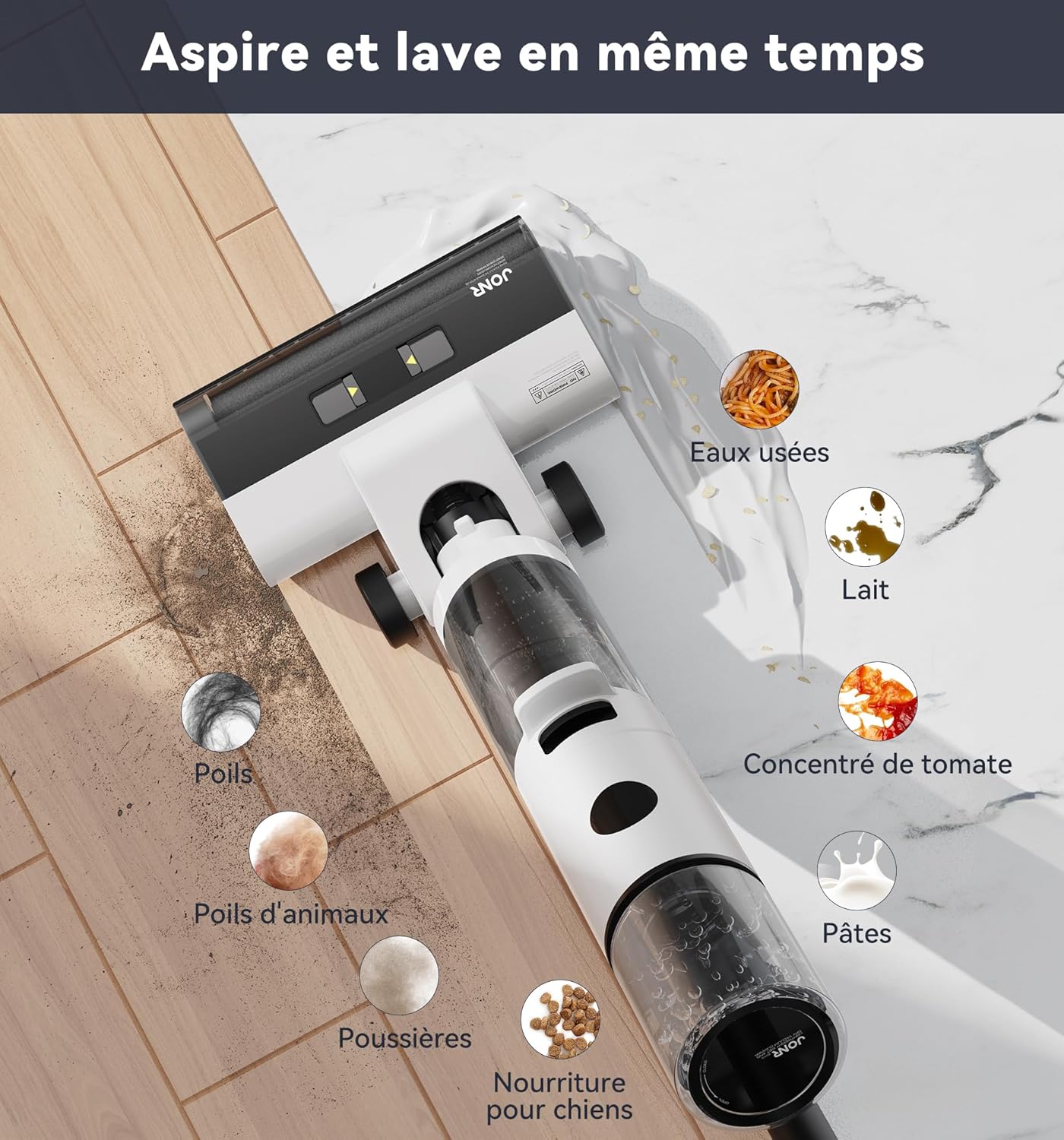 JONR ED12 Aspirateur Laveur sans Fil, Nettoyage des Bords, 30s Autonettoyage Rapide, Léger, Forte Traction, Aspire et Lave en même Temps, pour sols durs