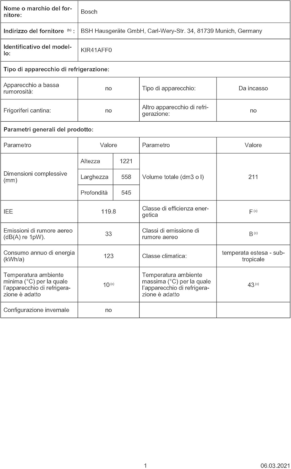 Bosch KIR81AFE0 Serie 6 Réfrigérateur encastrable, 177,5 x 56 cm, 319 L, charnière plate, fabriqué en Allemagne, VitaFresh plus 2 x fraîcheur plus longue, éclairage LED uniforme