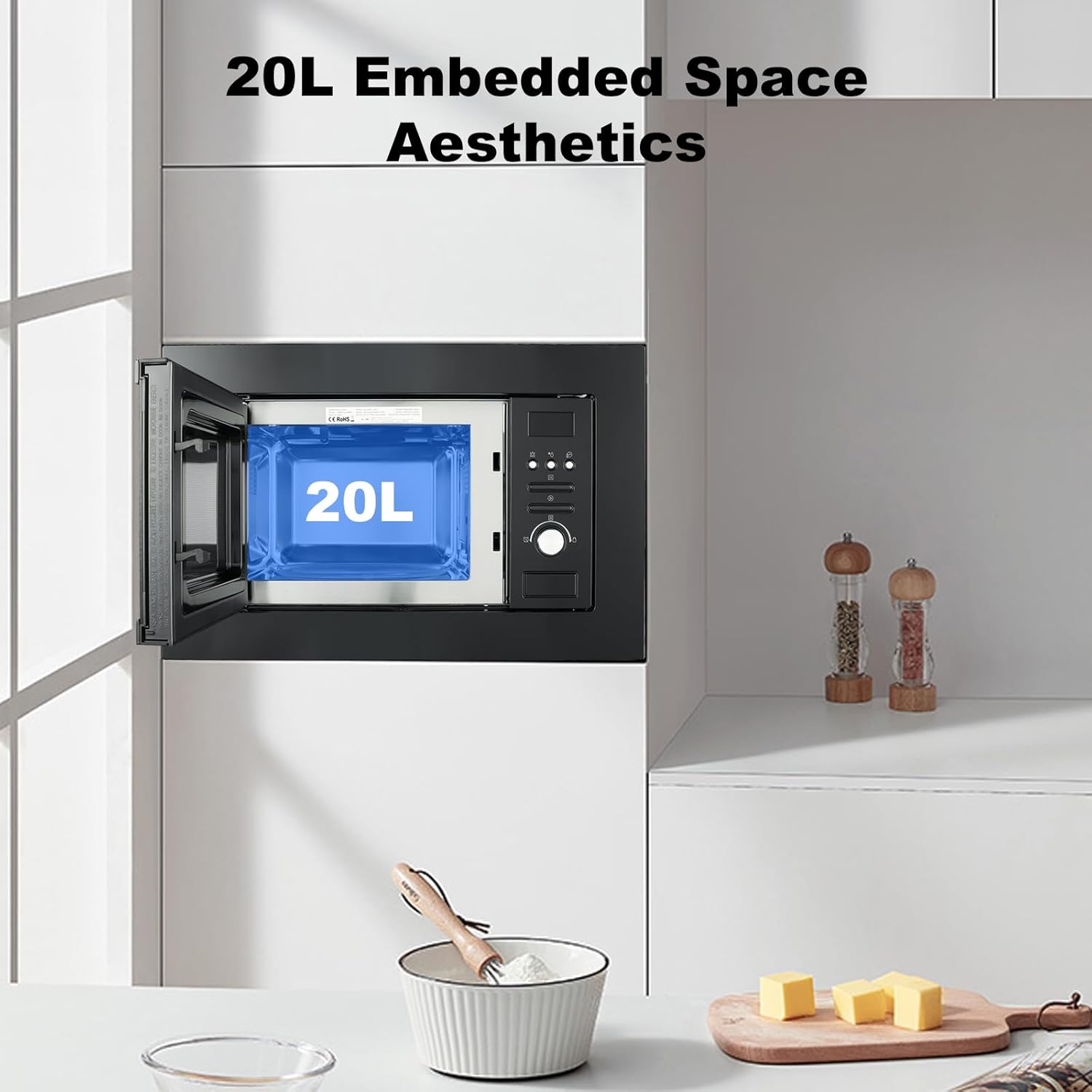 Smad Four à Micro-ondes Encastrable 20L, Micro Ondes Combiné, 8 Niveaux de Puissance en Micro-Ondes 800W et Gril 1000W, Décongélation Intelligente, 8 Menus Automatiques, Minuterie jusqu'à 95min, Noir