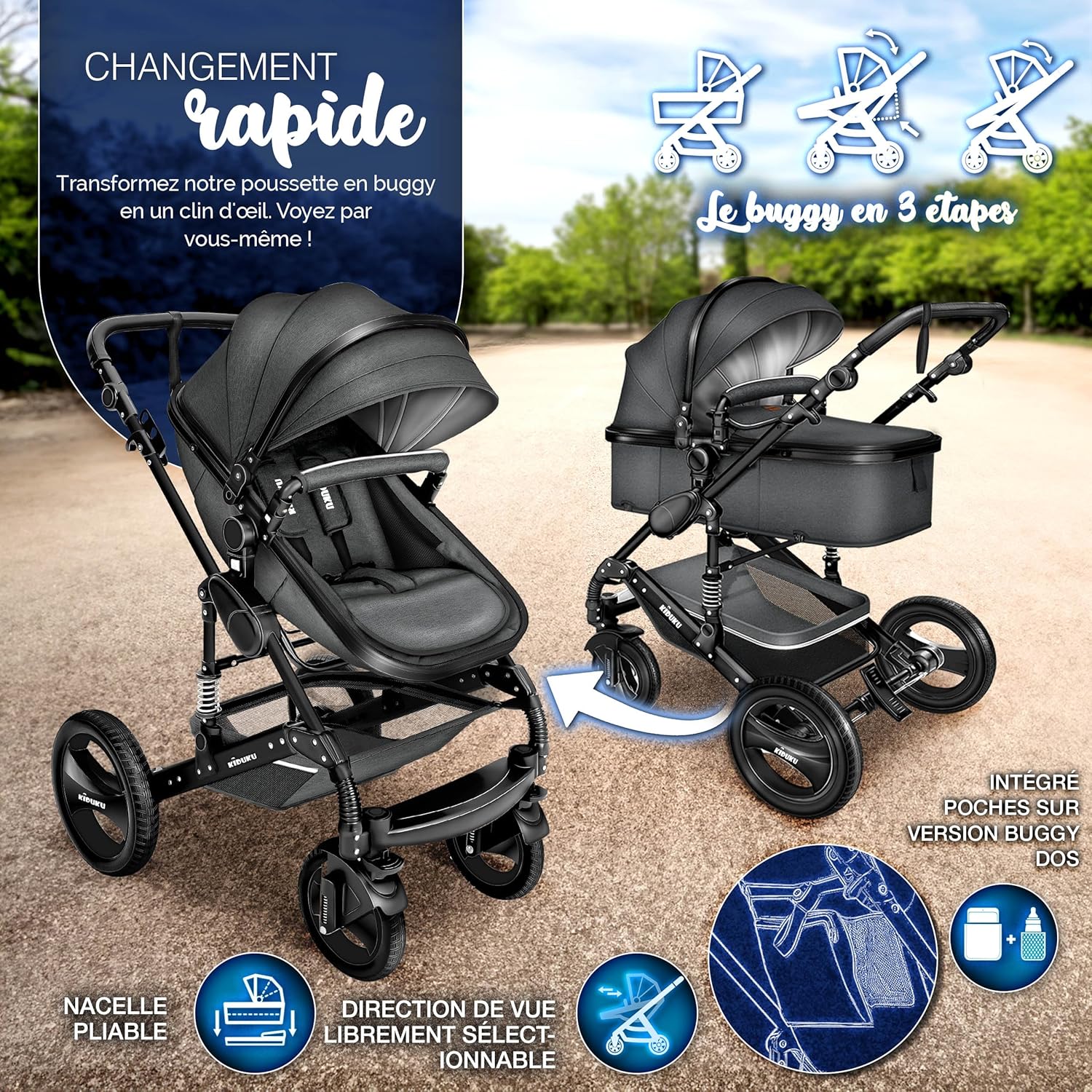 KIDUKU® Poussette Combinée 3 en 1 | Trio pour Enfants | Siége Auto Légère, Piable | Nacelle Souple Convertible | Set de Voyage (Noir/Champagne)