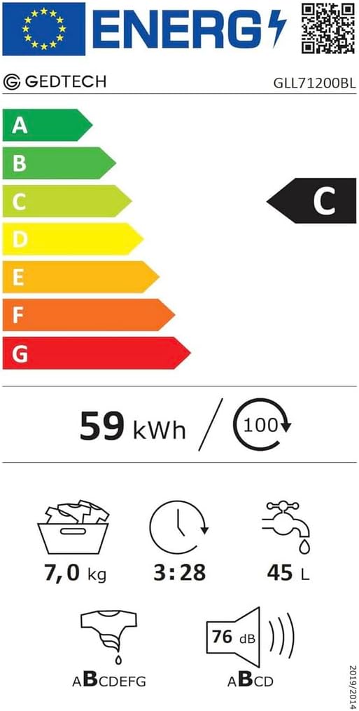 Lave-linge frontal GEDTECH GLL71200WH - 7 Kgs - 1400 tr/mn - 16 programmes - Eco - Intensif - Rapide – Très Faible conso