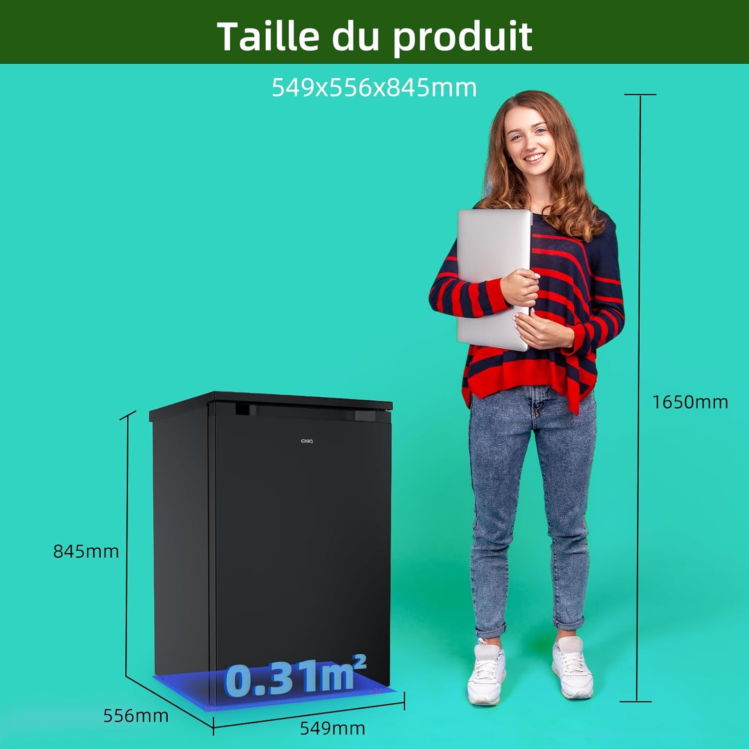 CHIQ Réfrigérateur vertical à une porte,126 L, encombremen 0,31 ㎡, Porte réversible, Tiroir à légumes, Étagères coulissantes, Faible niveau sonore 39 dB, Éclairage à DEL, Noir CSF120BE