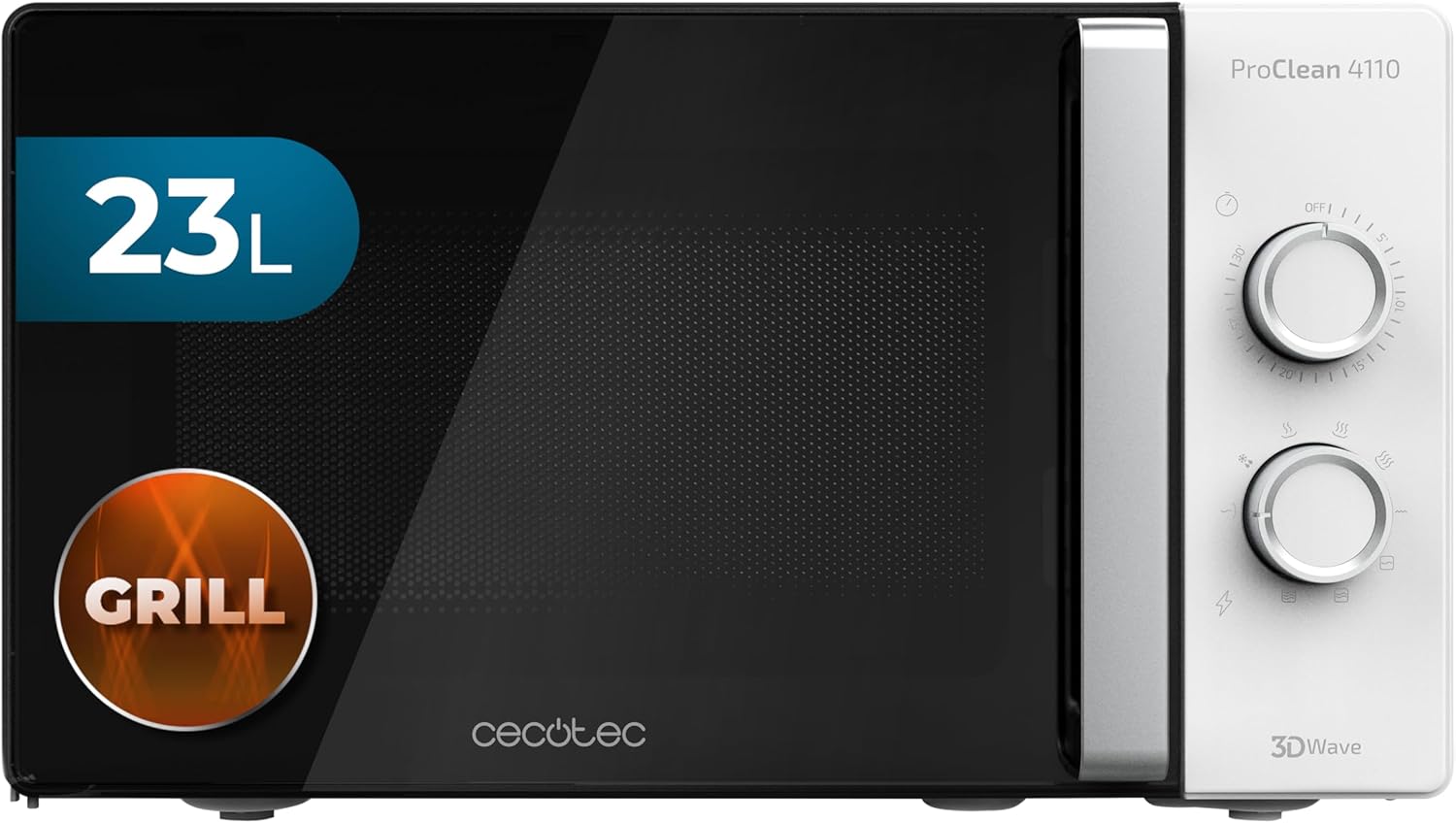 Cecotec Four à micro-ondes ProClean 9110 FullINOX avec grill 1000 W, 30 litres, 5 niveaux de puissance, 8 programmes, minuterie de 60 minutes, revêtement Ready2Clean, design avant miroir