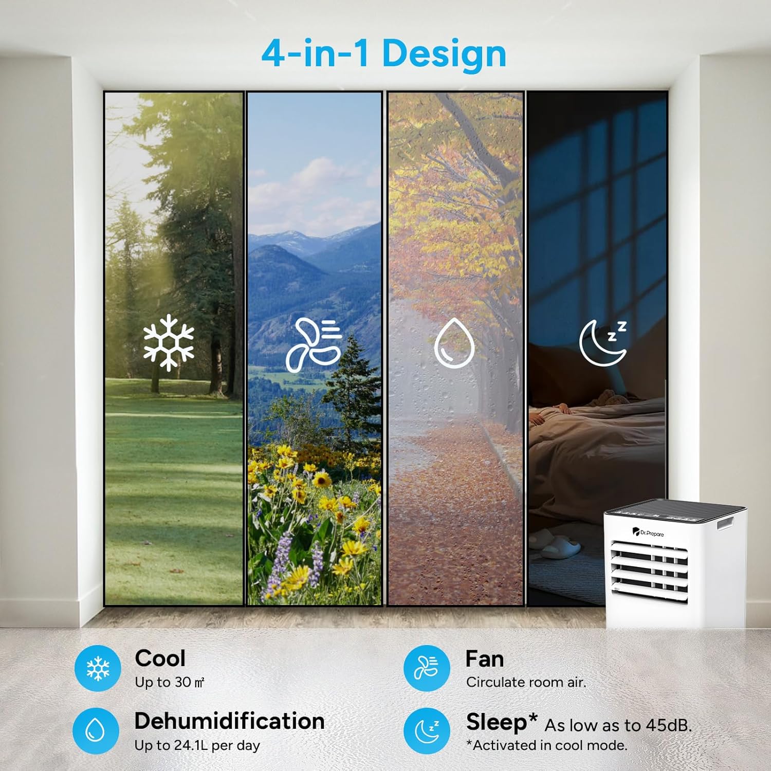 DR.PREPARE Climatiseur Mobile Silencieux 9000 BTU 2,1Kw, Climatiseur Portable 4 en 1, Refroidissement, Déshumidificateur, Ventilateur et Modes Sommeil, Télécommande, Refroidit 30 m², Minuteries 1-24H