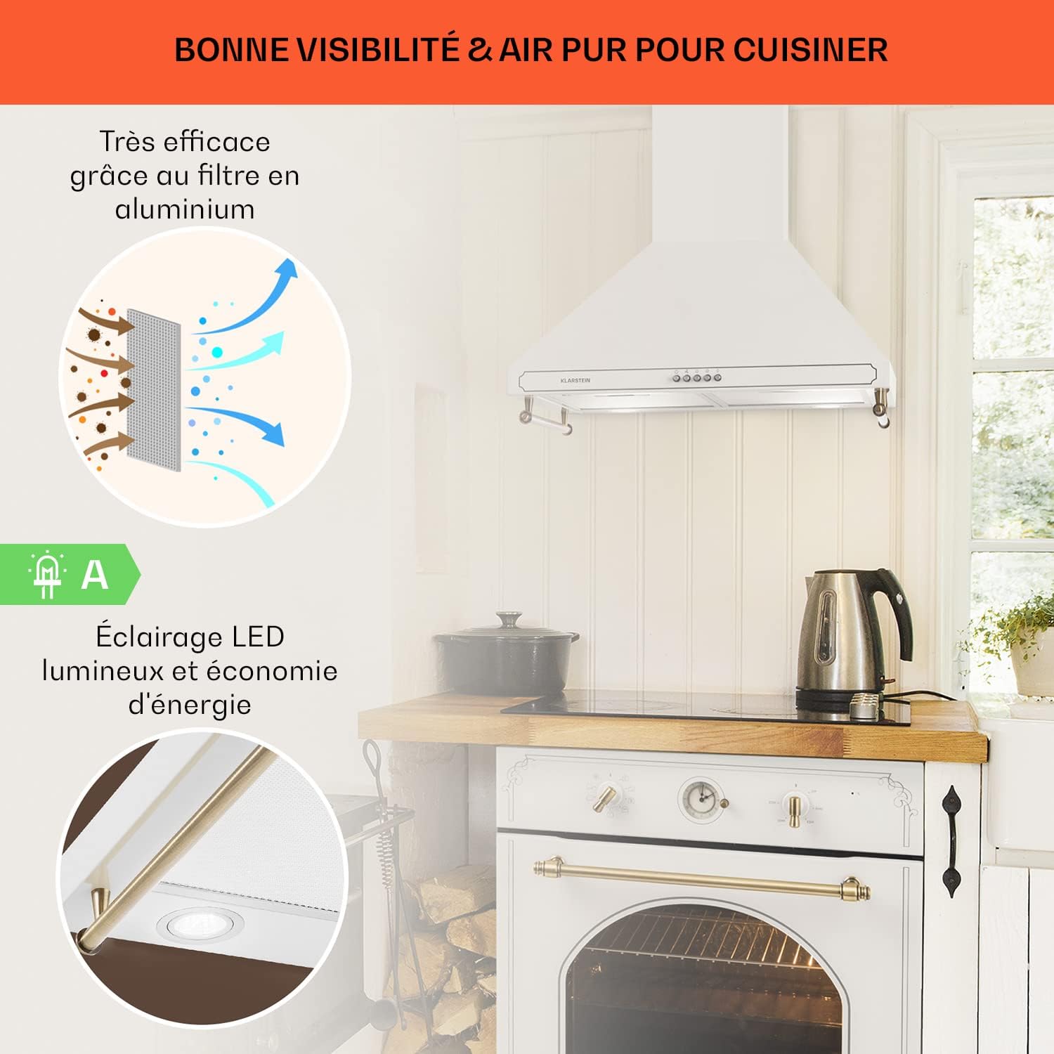 Klarstein Hotte Aspirante 90 cm, Hottes de Cuisine avec Filtre de Hotte en Aluminium, Débit d'Air Puissant de 645m³/h, Eclairage LED, Extracteur d'Air Silencieux, Hotte Efficace avec Evacuation
