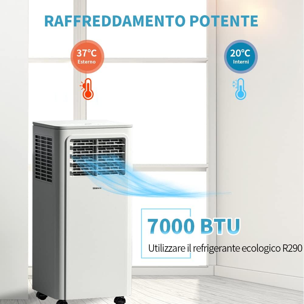 SHINCO Climatiseur mobile, 7000 BTU 2,05kW, Refroidir&Ventilation&Déshumidification, taille de la pièce jusqu'à 54m³(18㎡), Climatiseur mobile avec tuyau d'évacuation et tuyau de vidange, mode sommeil