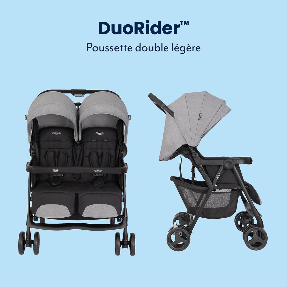Graco DuoRider Poussette double légère, de la naissance à environ 3 ans (0-15 kg), dossiers réglables, pliable, grand panier de rangement, gris, Steeple Gray