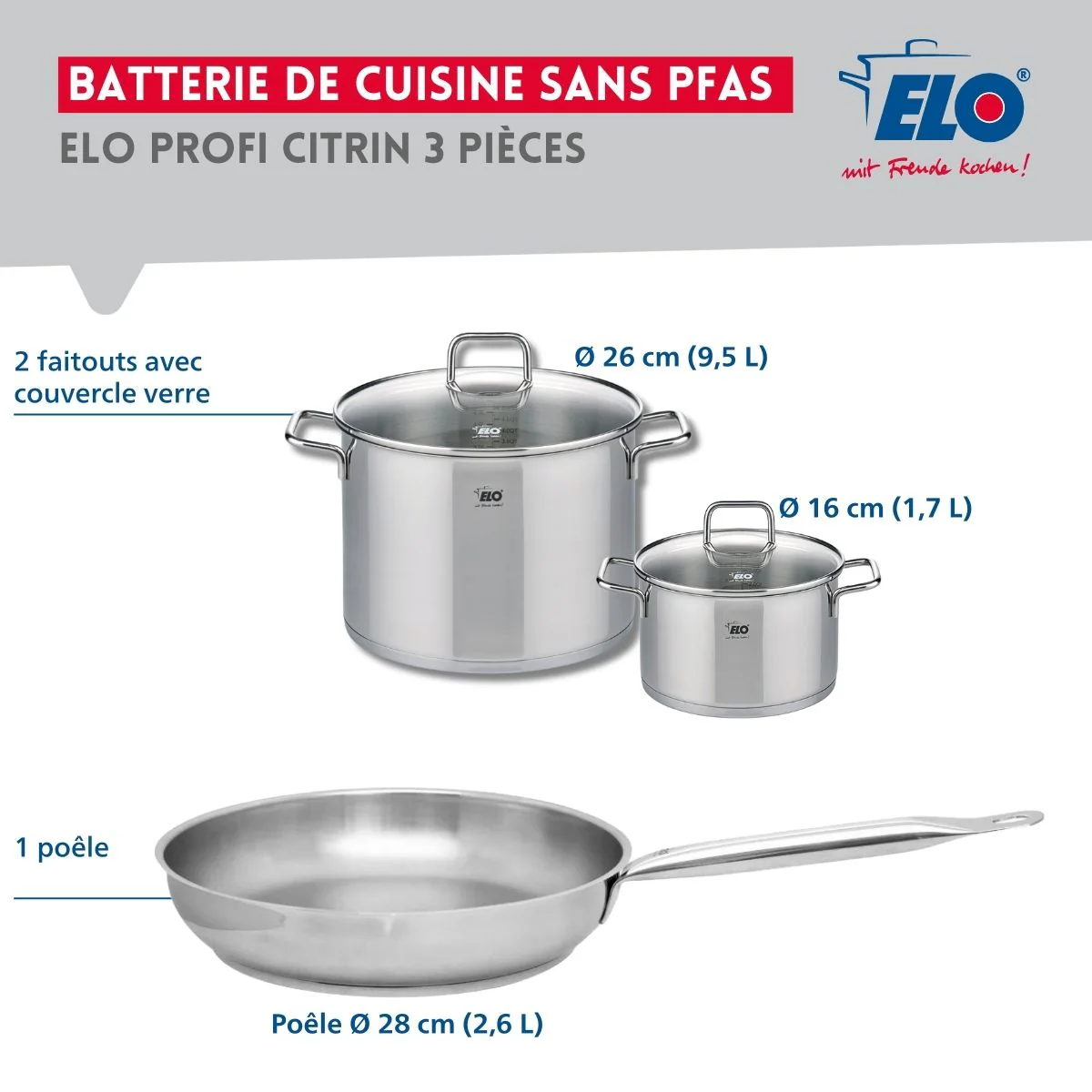 Ensemble de 1 Poêle de cuisson 28 cm et 2 faitouts 16 et 26 cm Elo Profi Citrin Elo