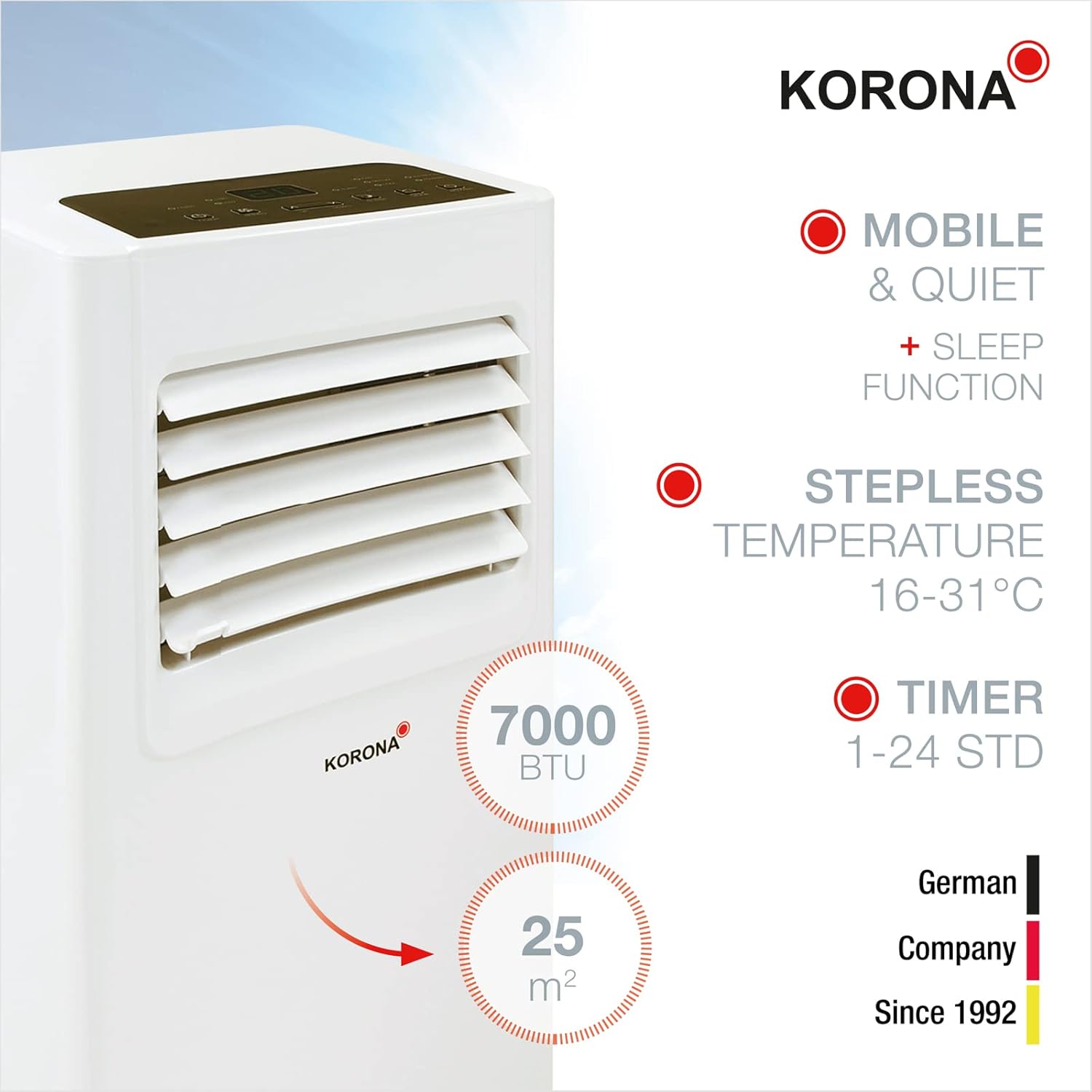 Korona 82001 Climatiseur mobile Iceberg 9.0 ECO | 9000 BTU/h | Monobloc 3en1 - Refroidisseur, déshumidificateur, ventilateur | Avec tuyau d'évacuation d'air pour la fenêtre | Pièces jusqu'à 34 m²