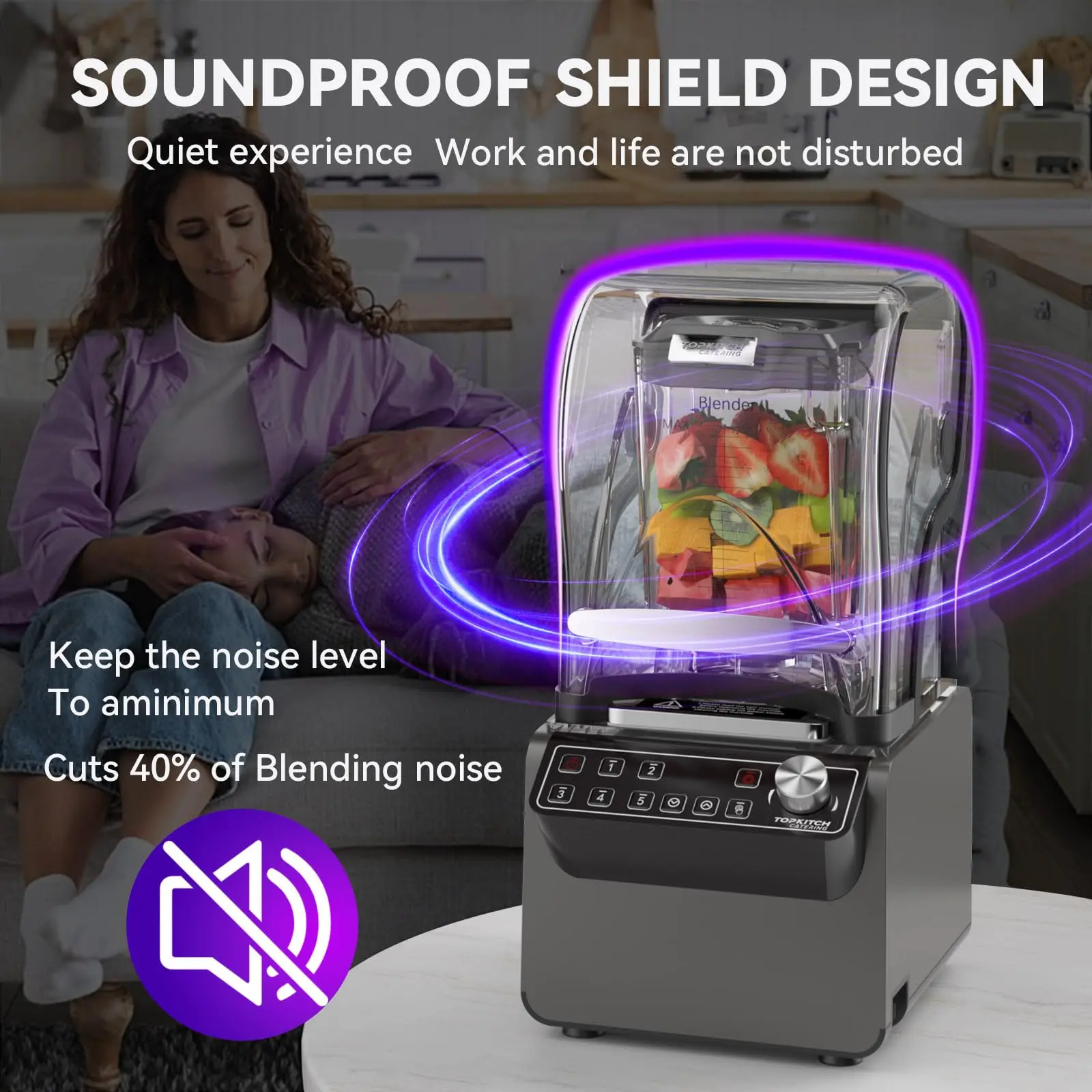 Commercial Blender 70oz 3.5 hp 5 Programmable Function,Quiet Blender with Digital Waterproof Touchpad and Quiet Sound Enclosure - 120V