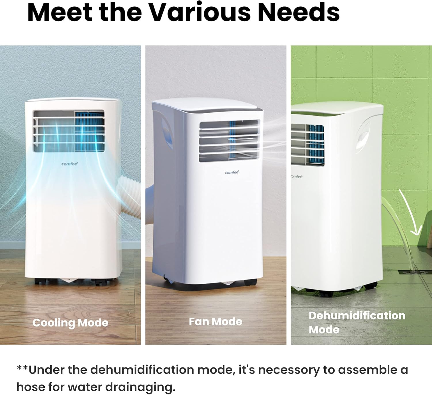 COMFEE' Climatiseur Mobile 9000 BTU/h 2,6kW, 3-EN-1 Refroidisseur Déshumidificateur Ventilateur, Fonction Follow me, Minuterie, Mode nuit, Pour salon et maison de 33㎡/88m³, MPPH-09CRN7, R290