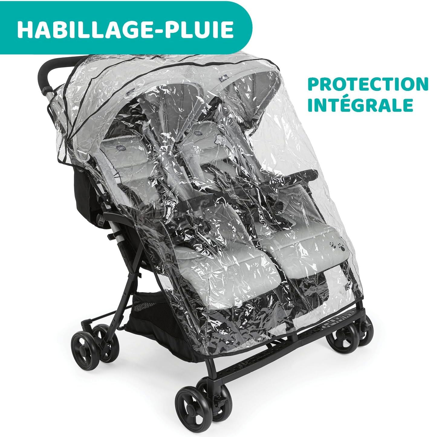 Chicco OHlalà Poussette Canne Double, Légère Inclinable et Pliable, Poussette pour Jumeaux de la Naissance à 15 kg, Fermeture Compacte, Inclus une Housse de Pluie, Capote Extensible - black night