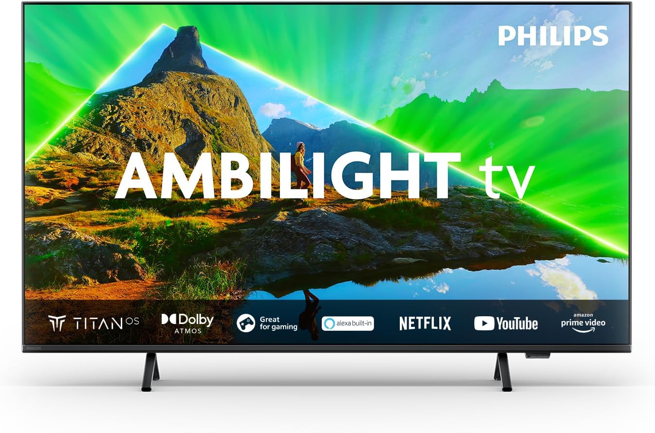 Philips Ambilight 43PUS8109 Smart TV LED 4K - Écran 43 Pouces avec Plate-Forme Pixel Precise Ultra HD, Titan OS et Son Dolby Atmos, Fonctionne avec l’Assistant Vocal Alexa et Google - Chrome satiné