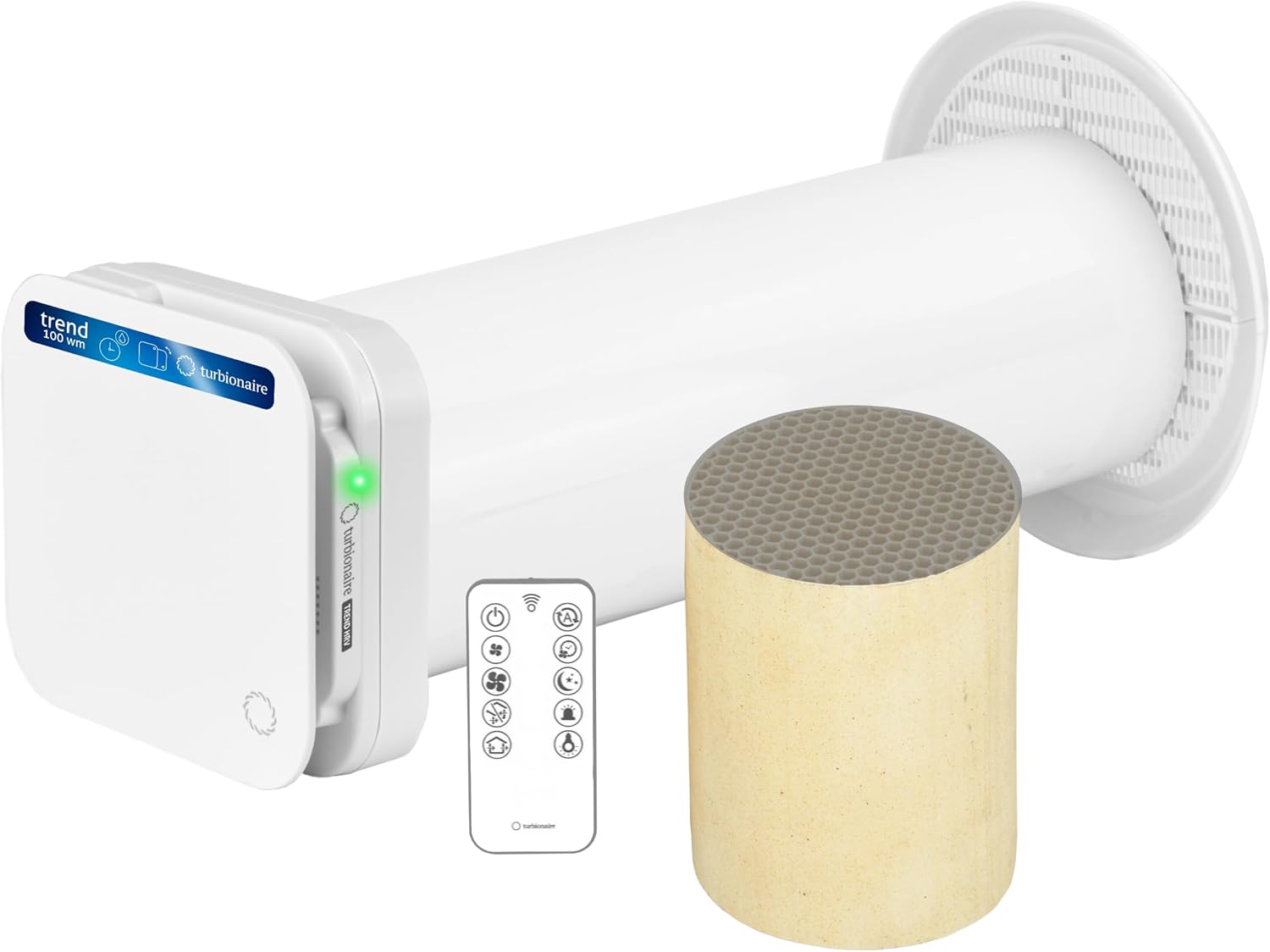 Turbionaire Trend HRV Unite de VMC Décentralisée, Récupérateur de Chaleur Céramique, Capteur d'Humidité, Télécommande, Minuterie, 8 Vitesses, Flux d'Air Réversible, 100 mm, Blanc, Silenciuse