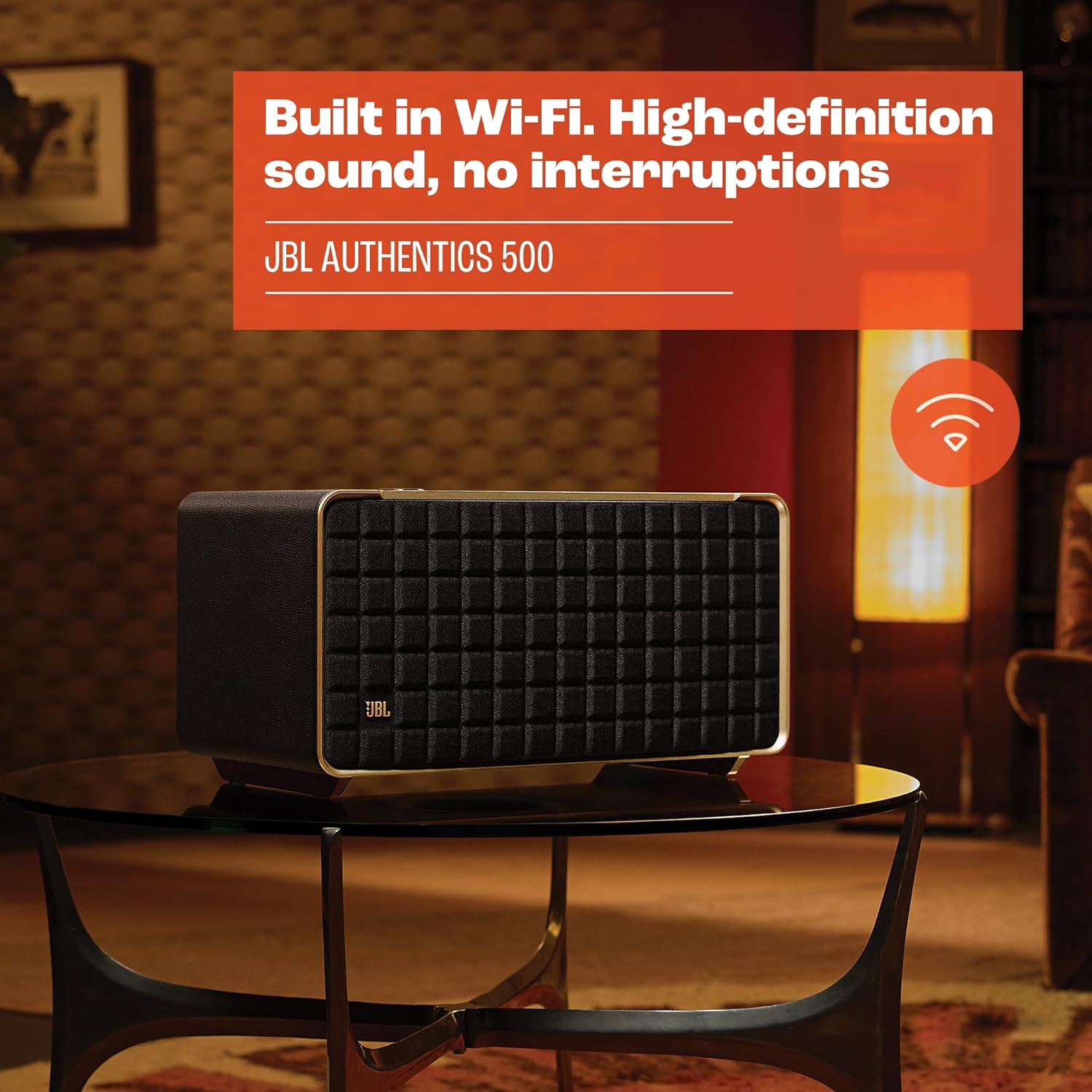 JBL Authentics 200 Enceinte Smart Home avec Wi-Fi, Bluetooth et assistants vocaux, design rétro, noire, Prise européenne (Type C)