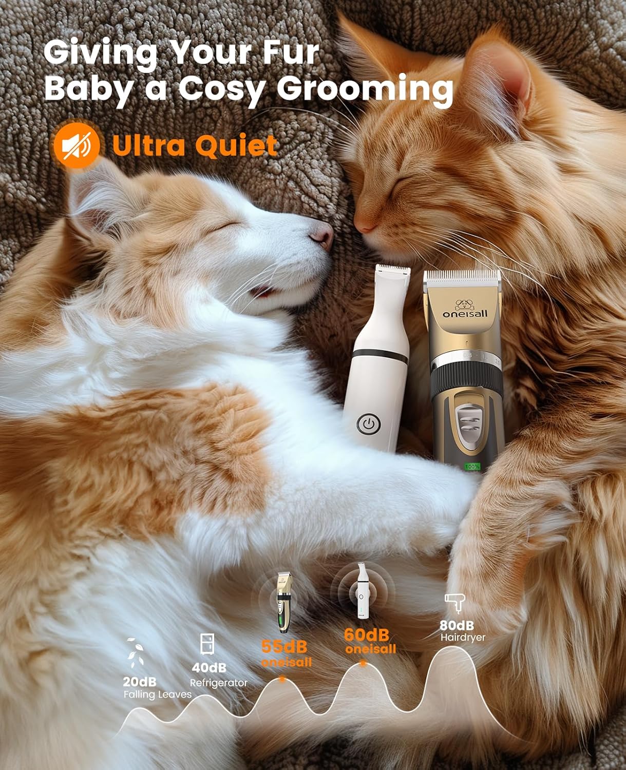 oneisall Tondeuse pour chien et pattes de chien 2 en 1 à faible bruit sans fil pour le toilettage des poils d'animaux de compagnie pour petite et grande taille, chats, animaux