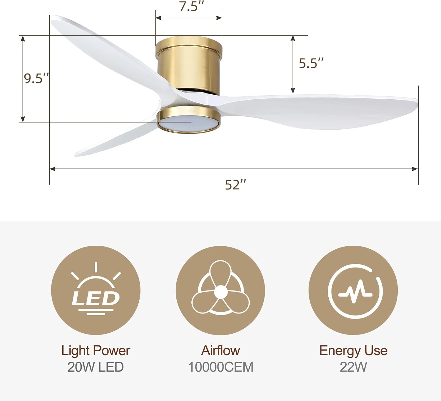 Ovlaim 132cm intérieur extérieur 3 pales hélice Smart ventilateur de plafond, Ventilateur de plafond en bois massif à moteur DC silencieux avect