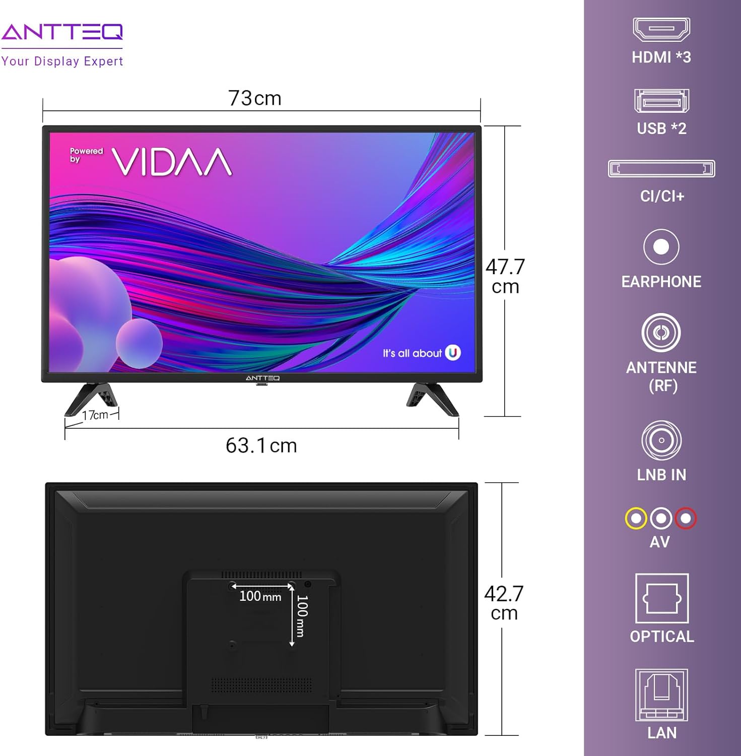 Antteq AB42D1 télévision 42 Pouces (TV 107 cm), Dolby Audio, LED, Triple Tuner DVB-C / T2 / S2, CI+, HDMI, Lecteur multimédia Via USB, Sortie Audio numérique, y Compris Mode hôtel