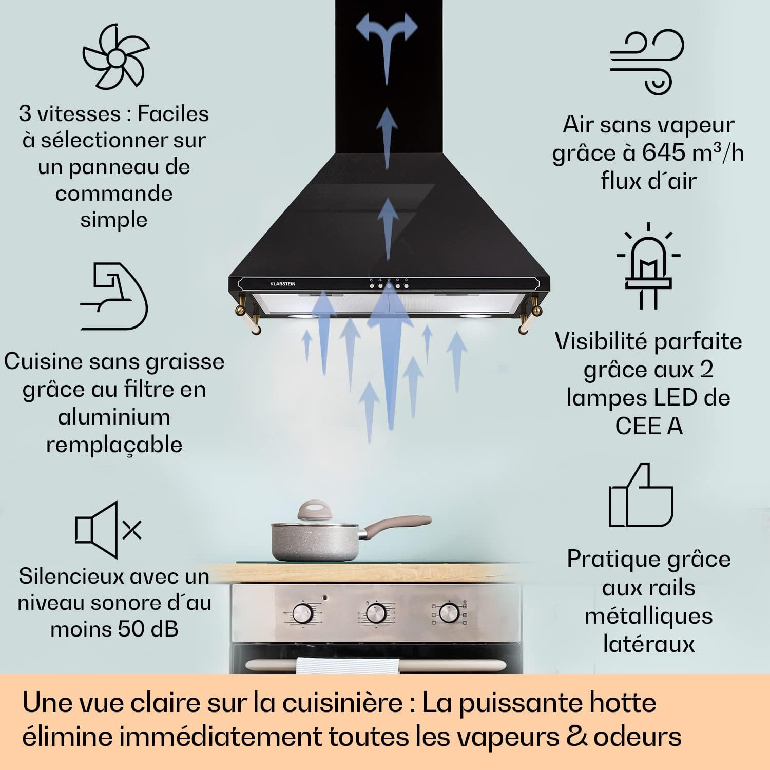 Klarstein Hotte Aspirante 90 cm, Hottes de Cuisine avec Filtre de Hotte en Aluminium, Débit d'Air Puissant de 645m³/h, Eclairage LED, Extracteur d'Air Silencieux, Hotte Efficace avec Evacuation