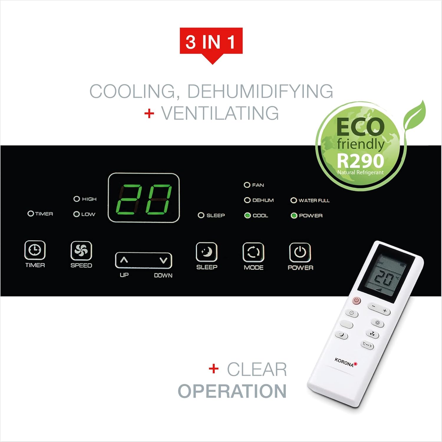 Korona 82001 Climatiseur mobile Iceberg 9.0 ECO | 9000 BTU/h | Monobloc 3en1 - Refroidisseur, déshumidificateur, ventilateur | Avec tuyau d'évacuation d'air pour la fenêtre | Pièces jusqu'à 34 m²