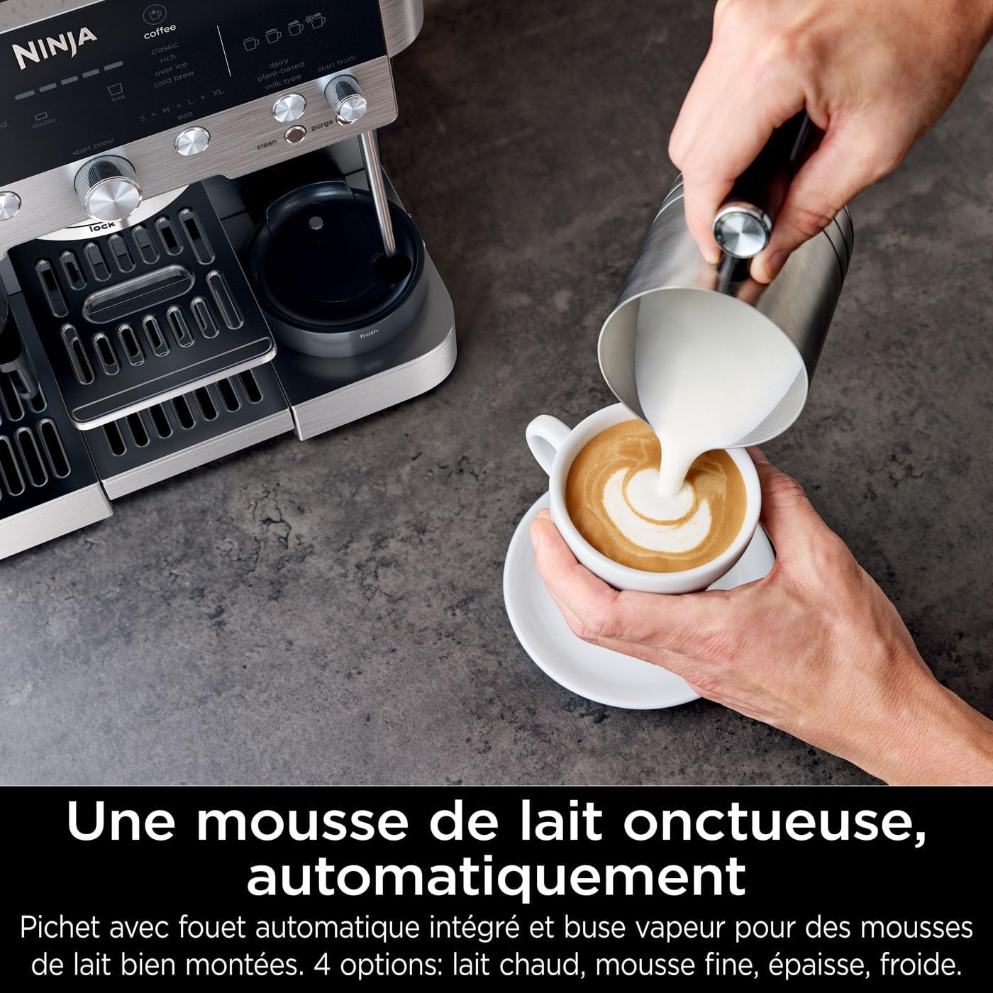 NINJA Machine à café Luxe Premier 3-en-1, Latte, Cappuccino, Infusion à froid et Espresso avec broyeur à grains et mousseur à lait intégrés, facile à utiliser, EU Prise, argent, ES601EU