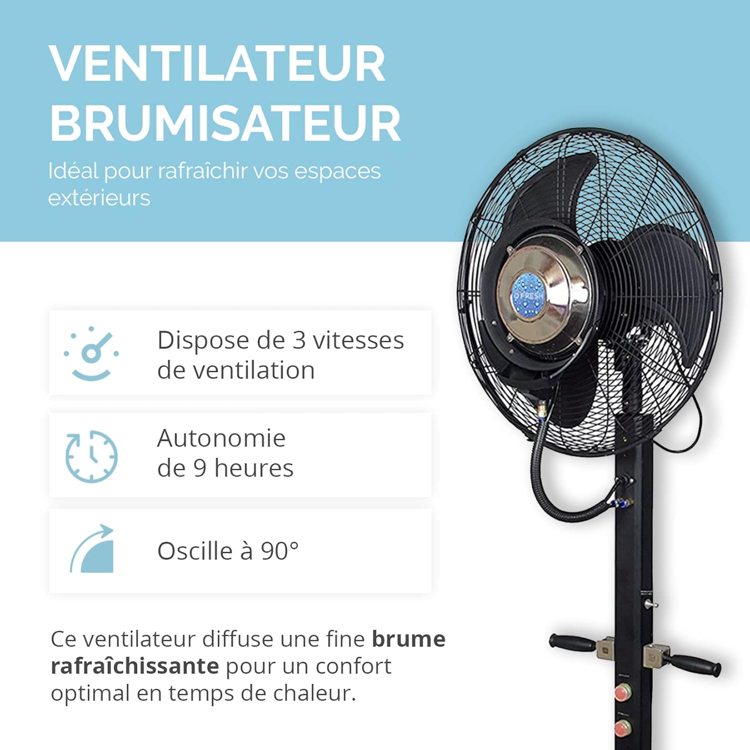 O'FRESH Ventilateur Brumisateur Terrasse Haute Performance pour Extérieur - Ventilateur sur Pied 180 cm + Système de Brumisation - Repousse les moustiques et nuisible volants - Capacité : 80 m²