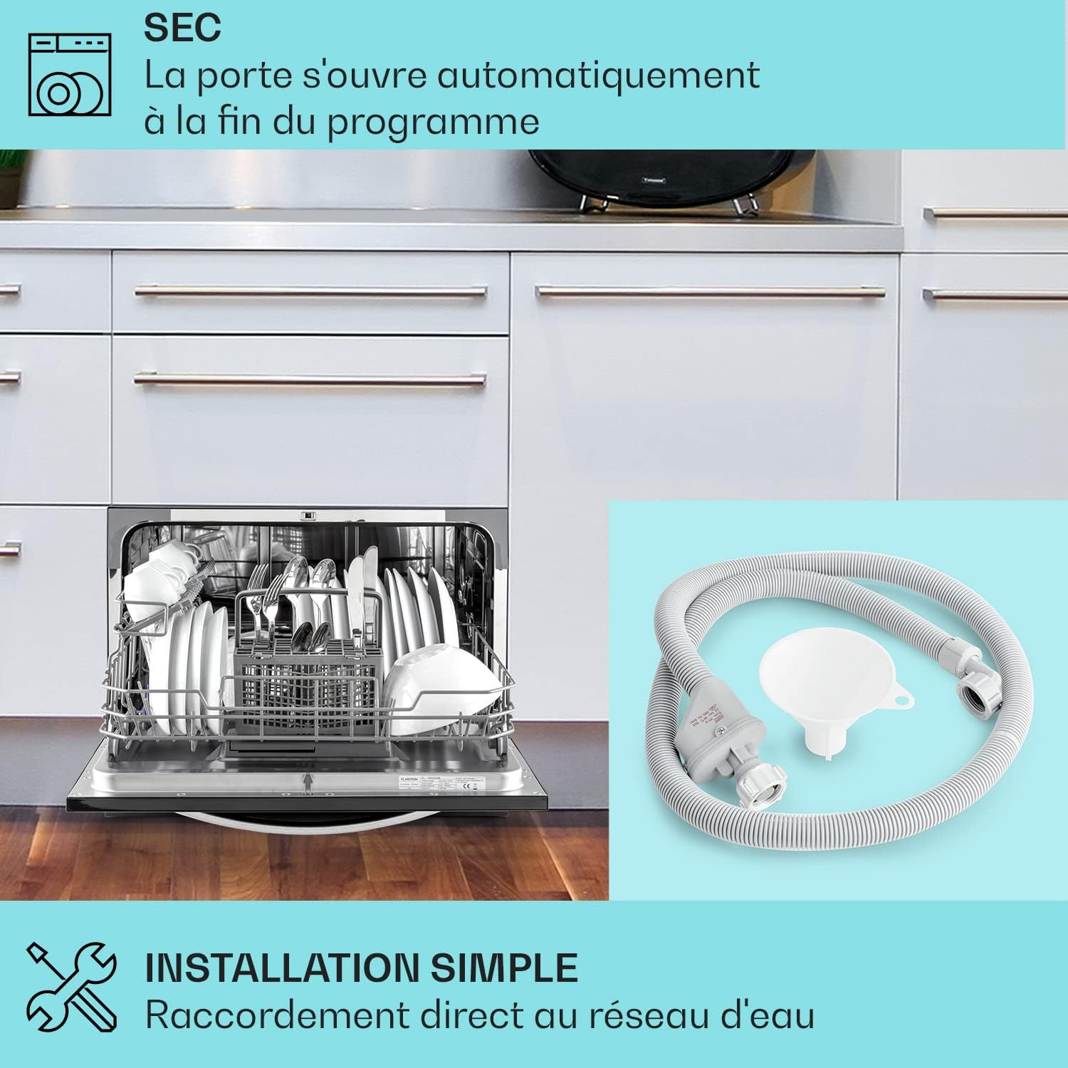 Klarstein Mini Lave Vaisselle de Table de 8 Couvert, Silencieux, 6 Programmes de Lavage, Portable, Facile à Installer pour la Maison et Bureau